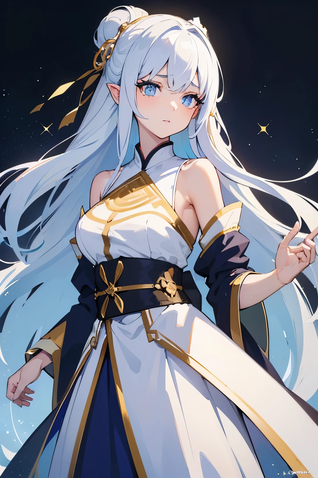 (Masterpiece), (Best Quality), (Super Detailed), (Dirty Hair), (Illustration), (1 Girl) (Long white Hair 1.5) (Blue Eyes), ((((No Shoulders))),Hanfu, (Looking at the Audience, (Interview), ( Background), Beautiful and Delicate Eyes, Delicate Beautiful Face, Soaring (High Saturation), (Colorful Glitter), Multi-colored Bubbles, (Glitter), Accent on Face, PerfectNwsjMajic, conservative clothes, Shoulderless, winter clothes, facing the masses, perfect figure,