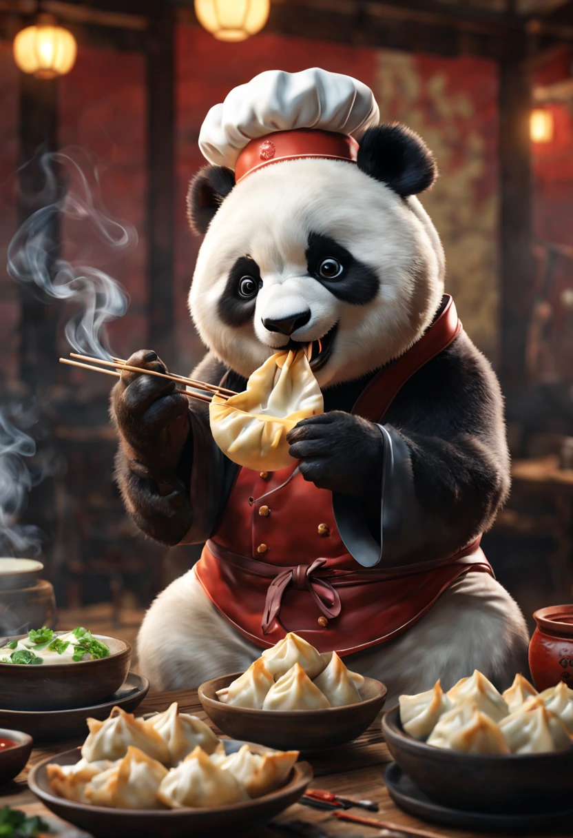 a touching moment, a fluffy panda chef, eating Chinese wontons, Gyoza, jiaozi, Dumplings , Smoke effect, octane render, enhance, intricate, (masterpiece, Representative work, official art, Professional, unity 8k wallpaper:1.3)