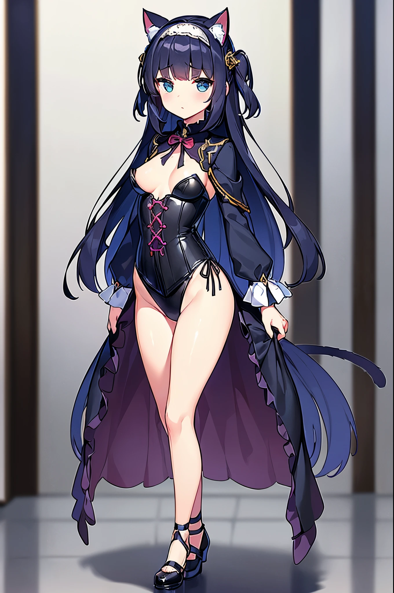 ((4k、8k、top-quality、perfect fingers: 1.3、perfect anatomia: 1.3、Background blur))、(Transformation Sequence)、((a beautiful slender girl、blush confused、cat ear、cute big droopy eyes、Two side up straight long hair、、small tits))、((blue butler style leotard:1.1、corsets、long-sleeve、decorative headband))、(highleg)、Standing、Full body display、House of the nobility、
