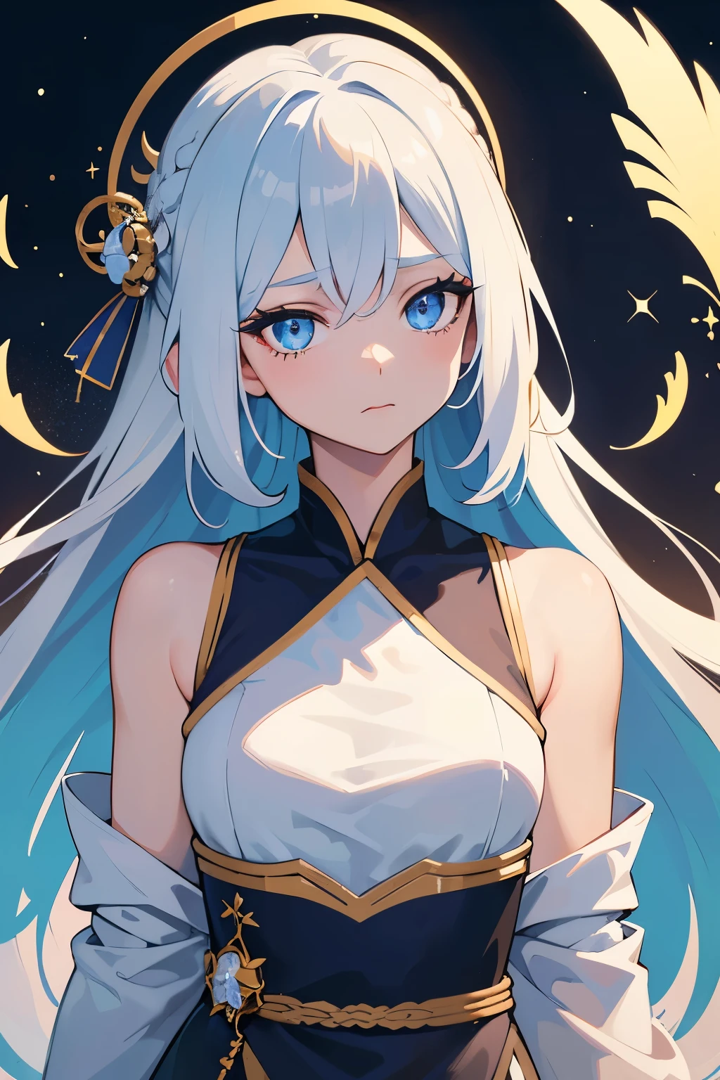 (Masterpiece), (Best Quality), (Super Detailed), (Dirty Hair), (Illustration), (1 Girl) (Long white Hair 1.5) (Blue Eyes), ((((No Shoulders))),Hanfu, (Looking at the Audience, (Interview), ( Background), Beautiful and Delicate Eyes, Delicate Beautiful Face, Soaring (High Saturation), (Colorful Glitter), Multi-colored Bubbles, (Glitter), Accent on Face, PerfectNwsjMajic, conservative clothes, Shoulderless, winter clothes, facing the masses, perfect figure,