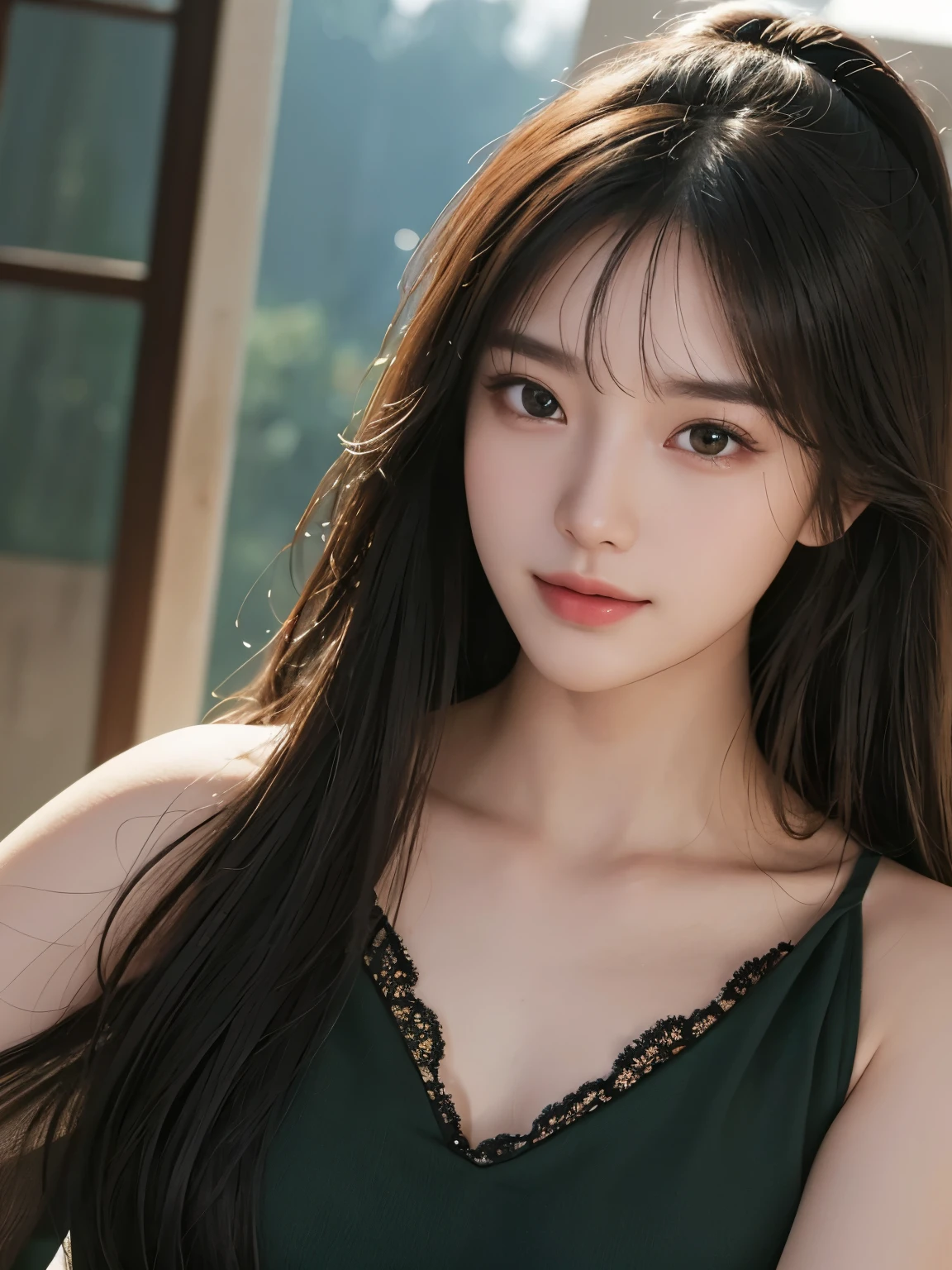 Masterpiece, highest quality, beauty, Japanese, popular Korean makeup, fine, detailed eyes, fine skin, beautiful skin, super high resolution, (reality 1.4), very beautiful, slightly young face, beautiful skin, slender, (super realistic) , (Illustration), (High resolution), (8K), (Very detailed) (Best illustration), (Beautiful and detailed eyes), (Super detailed), (Wallpaper), (Detailed face), Viewer's perspective, Fine detail, detailed face, pureerosfaceace_v1, smile, direct view, direct view, angle from the waist up, realistic photo, bright lighting, professional lighting, black hair (some green), long hair, dark ruins, big red moon, gorgeous red and black dress, woman, stylish long bangs,