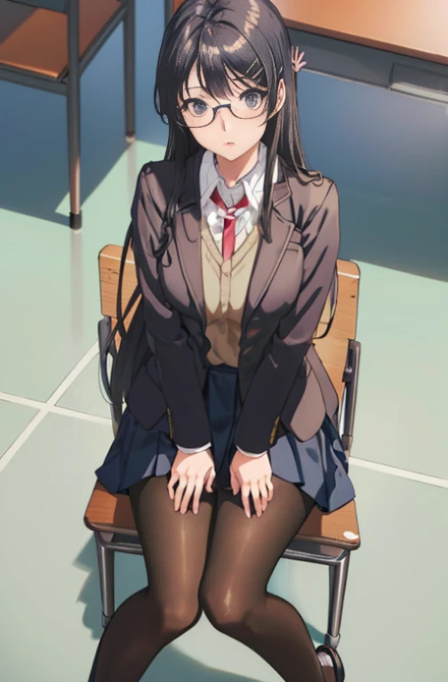 (masutepiece,Best Quality, Detailed), 1girl in, Solo Focus, , sakurajima mai, eye glass、occupation(officeworker)，Black jacket，Y shirt，Black skirt，Black tights，pin heels，in-house，desk、pc，Sitting on a chair with legs crossed，