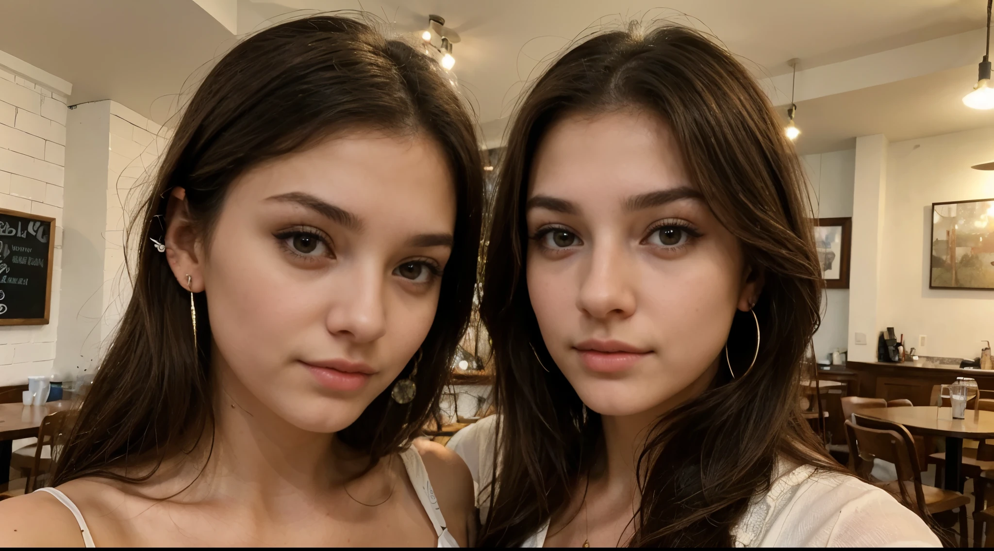 Photo of a 20 year old brunette woman, that has a very natural face, thin lips, thin eyes, thin eyebrows, thin nose, earrings, long eyelashes. She makes a cute selfie in a cafe