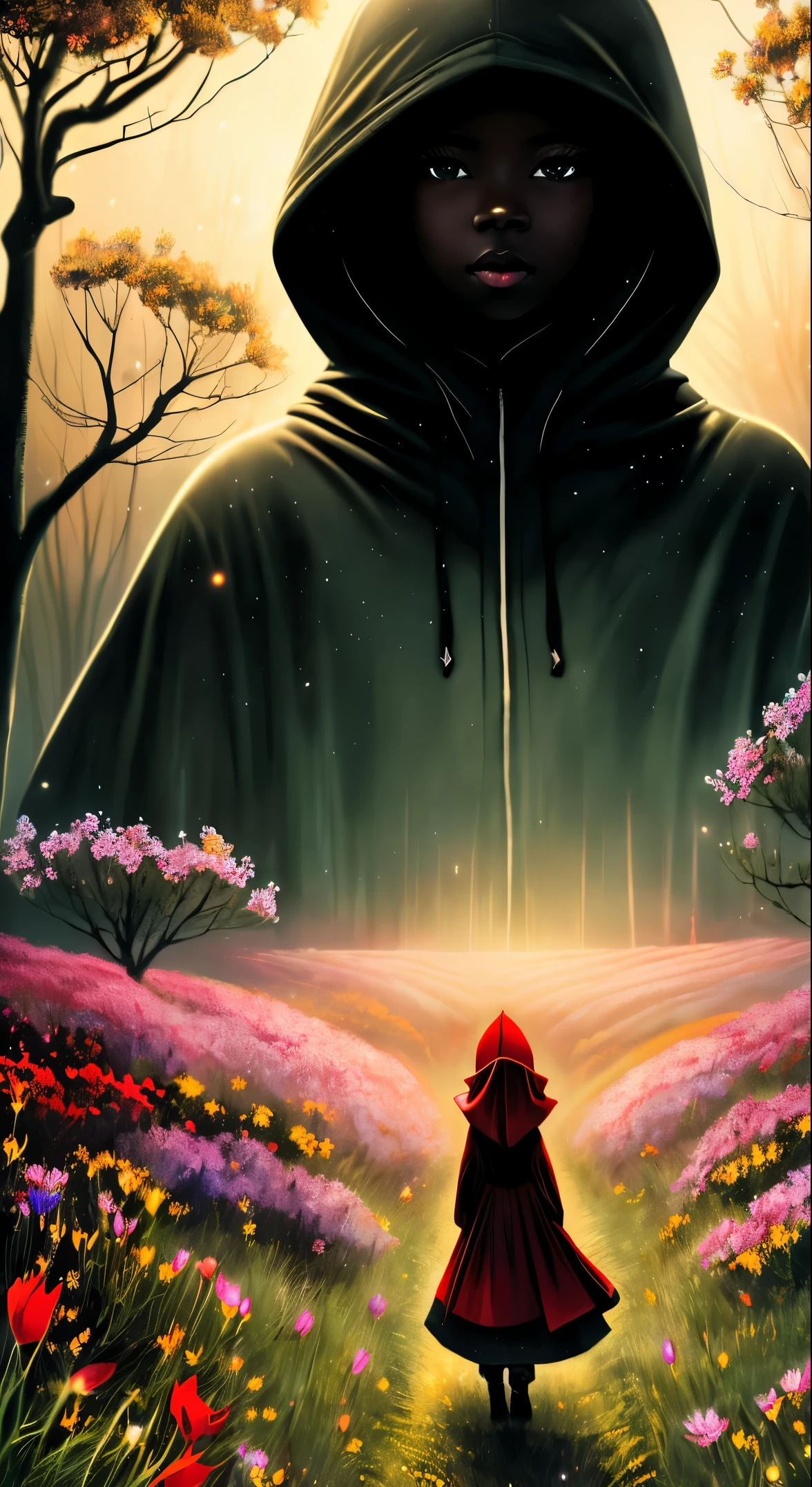 best quality, masterpiece, beautiful wild and natural fantasy landscape with glowing lights, (((solo black girl in a red hooded dress is walking through a field of flowers))), ((dark skin)), beautiful, chalk illustration, inspired by Jakub Schikaneder, very beautiful digital art, dreamy illustration, blurred and dreamy illustration, cinematic, surrealism