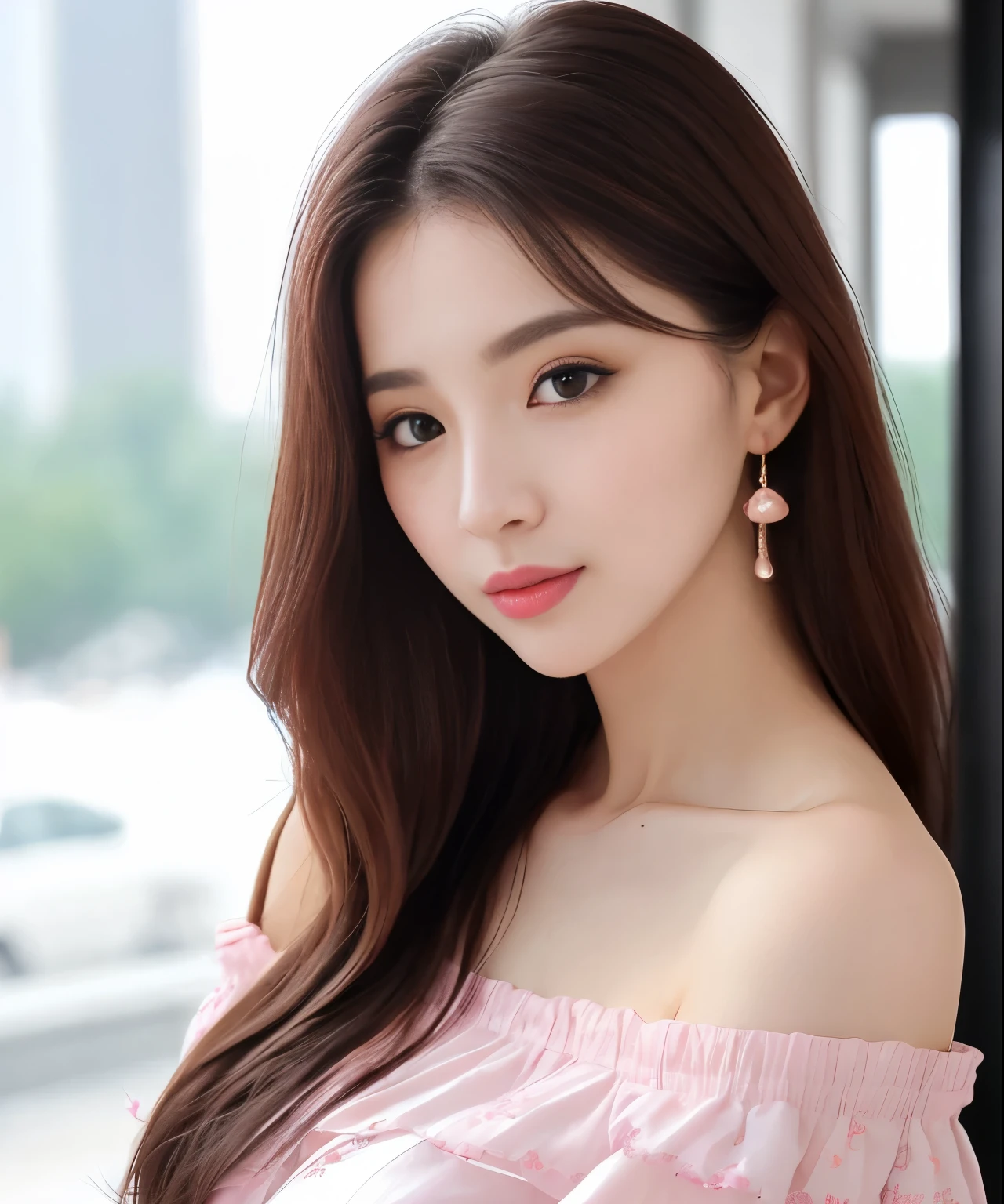 Korean、27yr old、female、eyes large、a brunette、lips pink、Big、tall、Shoulder out、Model body type、Beautuful Women、off-shoulder blouse, Full bodyesbian