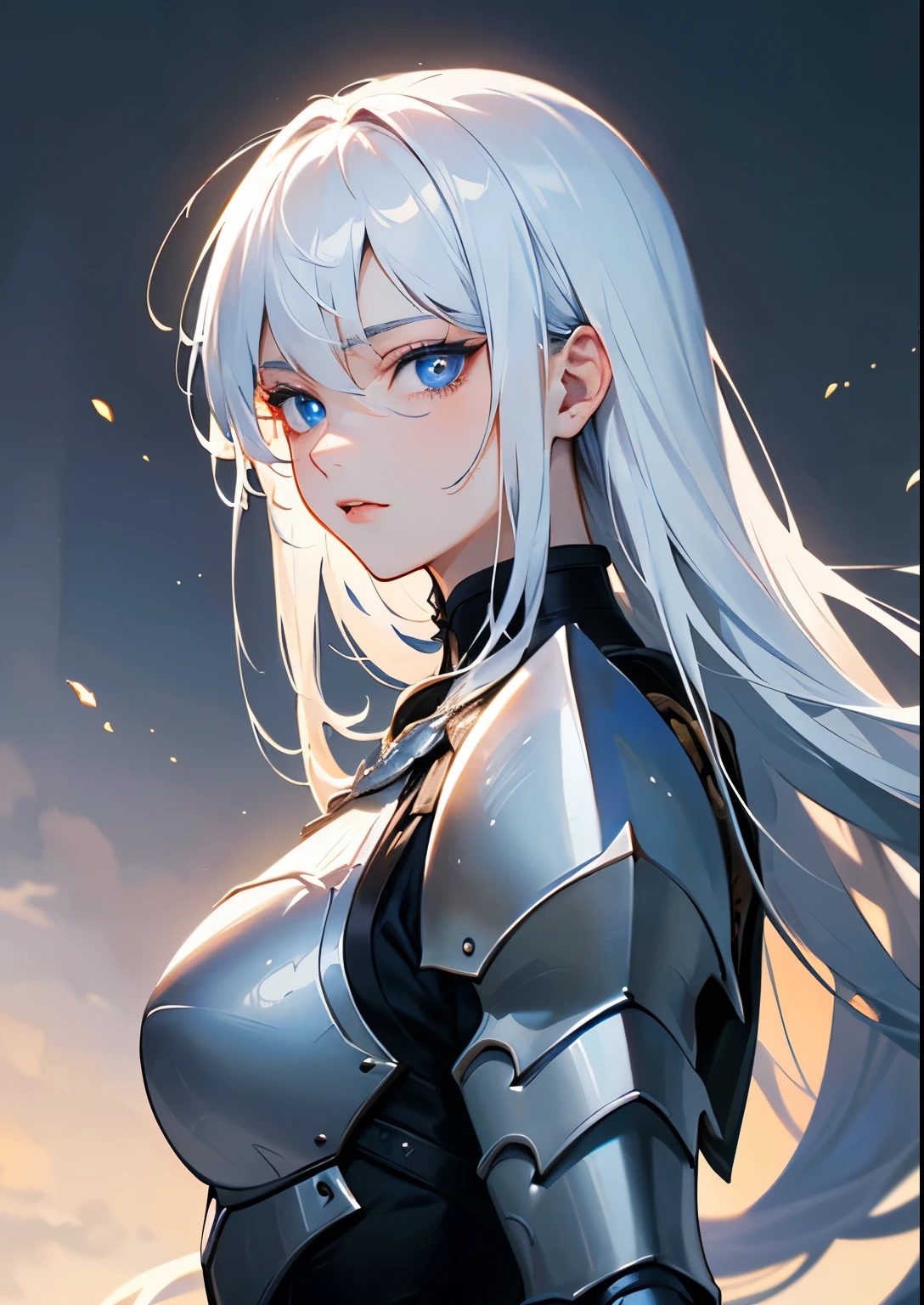 ((masterpiece:1.4、top-quality:1.2))、1 juvenile、solofocus、tall male、delicated face、Sharp eyes、Highly detailed anime faces and eyes、Beautiful white armor、White hair、Gradient hair、Very long hair、blue eyess、radiant eyes、impressive、mystical、white backgrounid