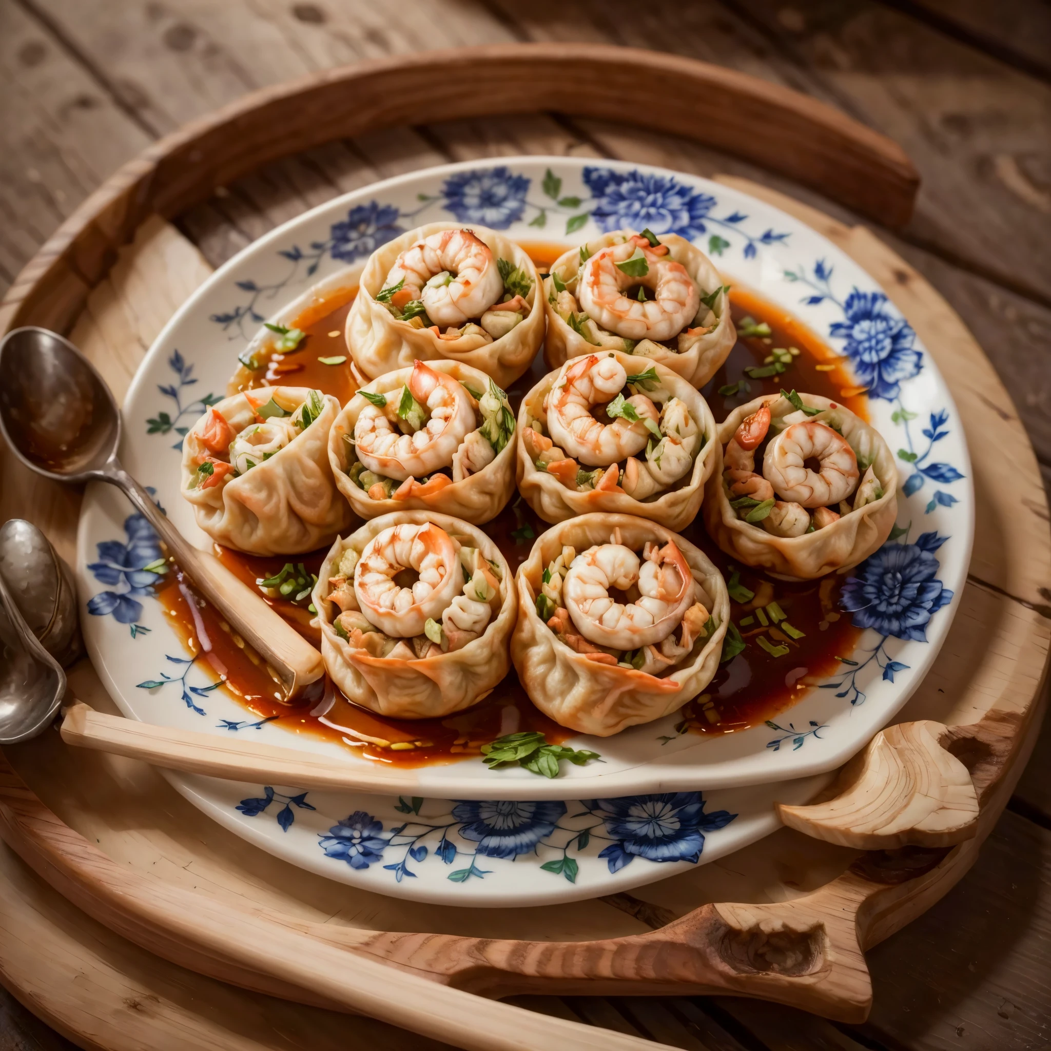 extremely intricate, masterpiece, Best quality, award winning, 8K, RAW photo, Spring Rolls, food photo, digital SLR, soft lighting, high quality, film grain, Fujifilm XT, ((chinese dumpling)), (chinese dumpling), hot sauce, food garnish, delicious, (plate, blue and white porcelain), neatly placed, Shrimp