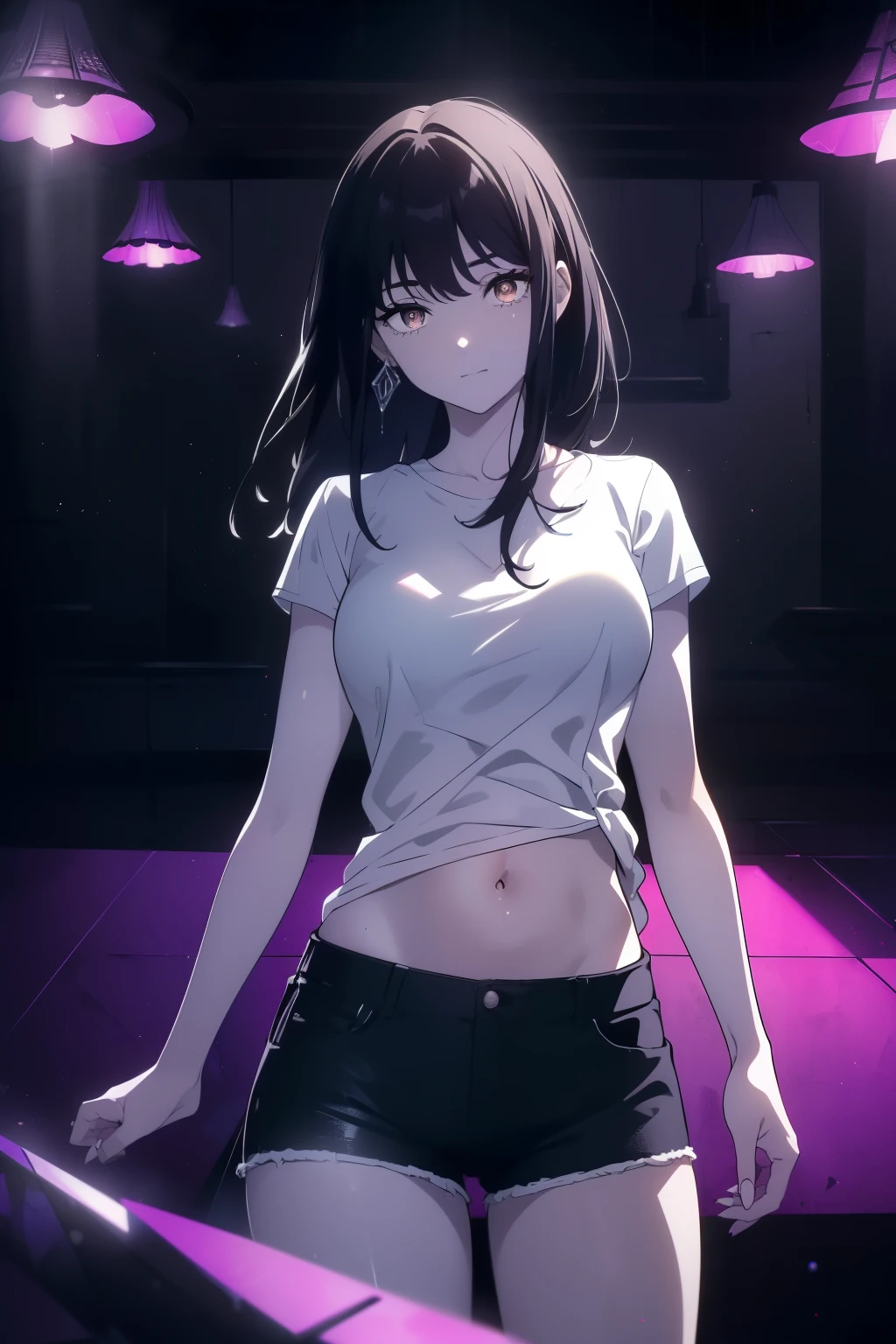 ((((Obra maestra, La mejor calidad, ultrahigh resolution)))), 1girl, happy expression on face:1.5, ((standing in a club waiting for someone)), (white t-shirt, jean shorts), (long black hair, long dark black hair), pale skin, ((brown eyes)), (glowing_eyes), (ultra detailed eyes:0.7, beautiful and detailed face, detailed eyes:0.9), ((centered)), ((over joyed expression)), ((wide shot)), facing viewer, (((indoor part, purple and black lights, black dancing silhouettes:0.9, rave:1))), medium breasts, looking at viewer, ((perfect hands)), (((head:1, arms, hips in view, elbows, thighs, in view))), lively eyes, ((beautiful lighting)), outside, outdoors, background, defined subject, 25 years old, (head tilt), (((cool gaze))), (((lively))), ((twirling)), ((holding her arm shyly)), (hand on arm)