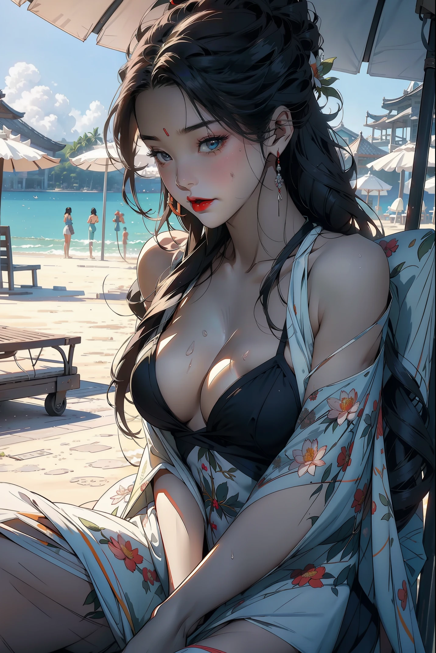 1female,Lay on a beach chair,Left leg is bent,The right leg is straight,keep juices,A lot of sweat,Reddish skin tone,Married woman,摩洛解放阵线,,摩洛解放阵线,mature,very huge big breastackground with:surfing,cherry tree,lotus flower) She has long black hair,bobo head,seen from the front,The sky is mostly cloudy,(((tmasterpiece),(Very detailed CG unified 8k wallpaper),Best quality,电影灯光,detailed back ground,Beautiful and delicate right pupil,Snow-whiteskin,Redlip(Very delicate and beautiful),(Beautiful and detailed eyes description),ultra - detailed,tmasterpiece,))facing at the camera,A high resolution,ultra - detailed),violent weapon, convex,convex起性感,Camel toes,Angry,street frontage,Beach wind(dressed in : Green striped bikini,sun glasses,straw hat)looking up at camera,Full body photo,Look at the feet