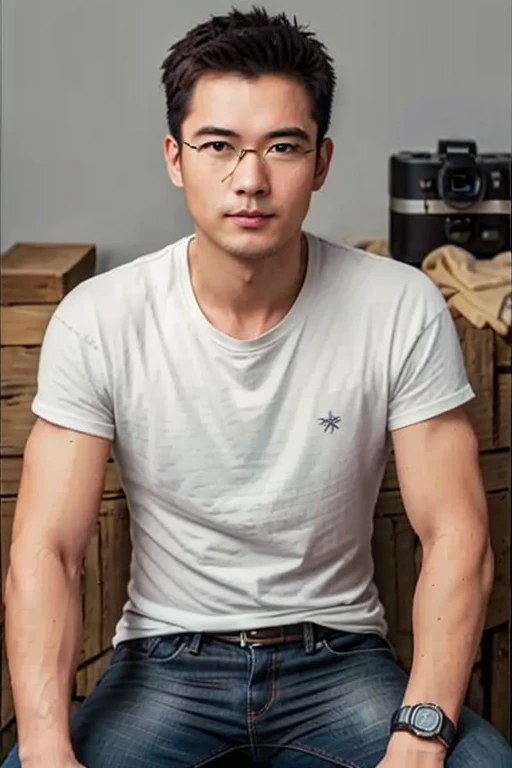 1male, masculine, 30 years old., (costume, Jeans, t-shirt,),. (eyeglasses, black, Rebranding.), (Stelle, road, market,), (environment, Street food stalls, friend, masculine, Female,)., (manners, Seated, stand, speak...., eat,.),master-piece, คุณภาพดีStelleสุด, Body Parts., full entire body, Shapely, Good looking, 8k UHD, DSLR, grain of film, Fujifilm XThotorealistic Art drawing by midjourney and greg rutkowski,