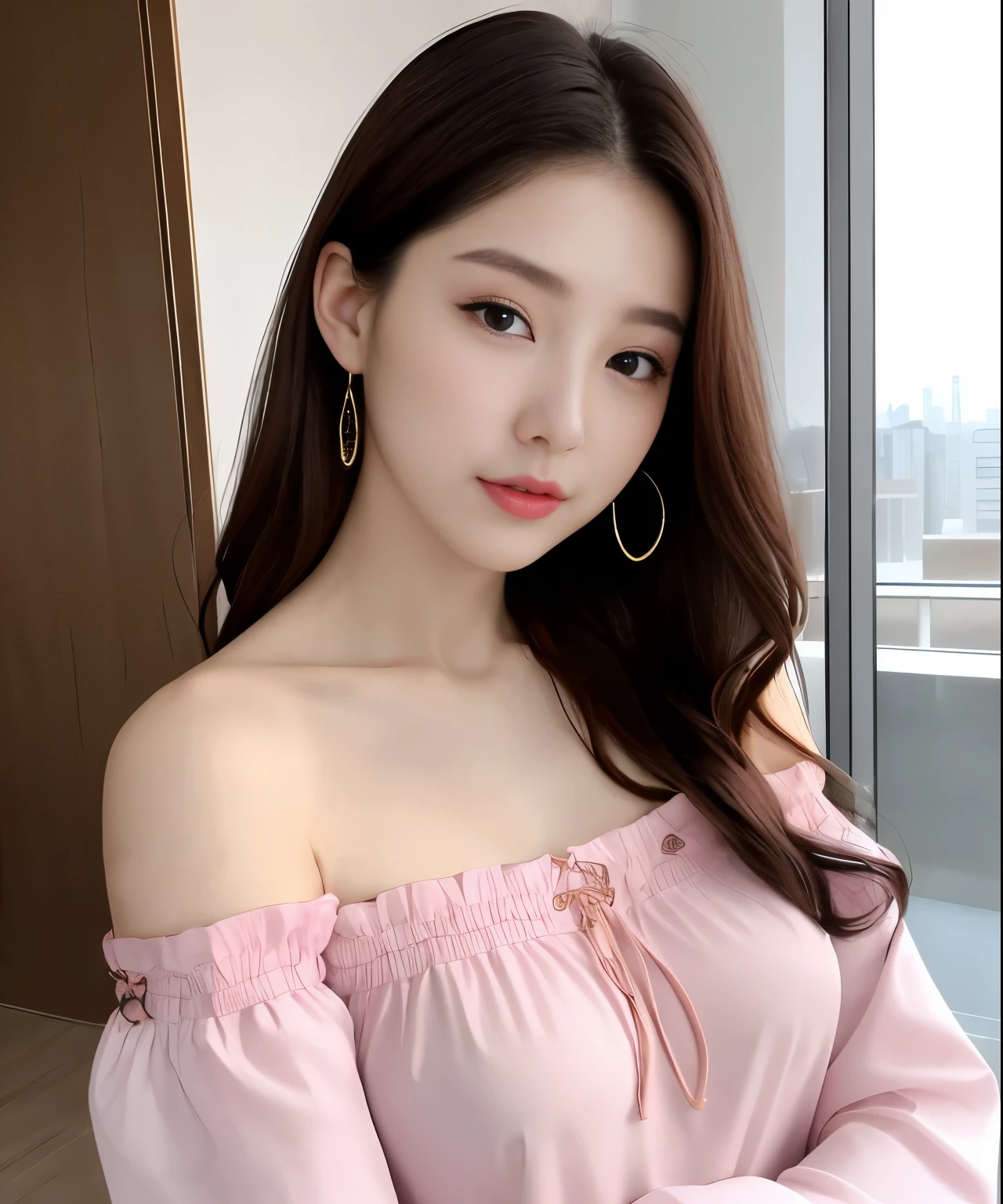 Korean、27yr old、female、eyes large、a brunette、lips pink、Big、tall、Shoulder out、Model body type、Beautuful Women、off-shoulder blouse, Full bodyesbian