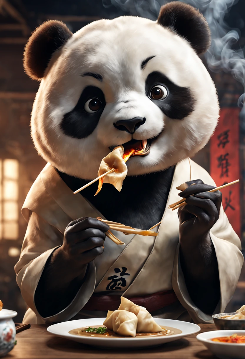a touching moment, a panda girl, eating Chinese wontons, Gyoza, jiaozi, Dumplings , Smoke effect, octane render, enhance, intricate, (masterpiece, Representative work, official art, Professional, unity 8k wallpaper:1.3)