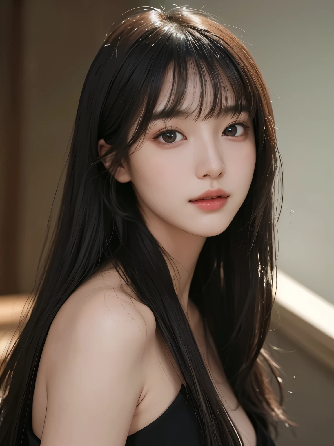 Masterpiece, highest quality, beauty, Japanese, popular Korean makeup, fine, detailed eyes, fine skin, beautiful skin, super high resolution, (reality 1.4), very beautiful, slightly young face, beautiful skin, slender, (super realistic) , (Illustration), (High resolution), (8K), (Very detailed) (Best illustration), (Beautiful and detailed eyes), (Super detailed), (Wallpaper), (Detailed face), Viewer's perspective, Fine detail, detailed face, pureerosfaceace_v1, smile, direct view, direct view, angle from the waist up, realistic photo, bright lighting, professional lighting, black hair (some green), long hair, dark ruins, big red moon, gorgeous red and black dress,  woman, stylish long bangs,