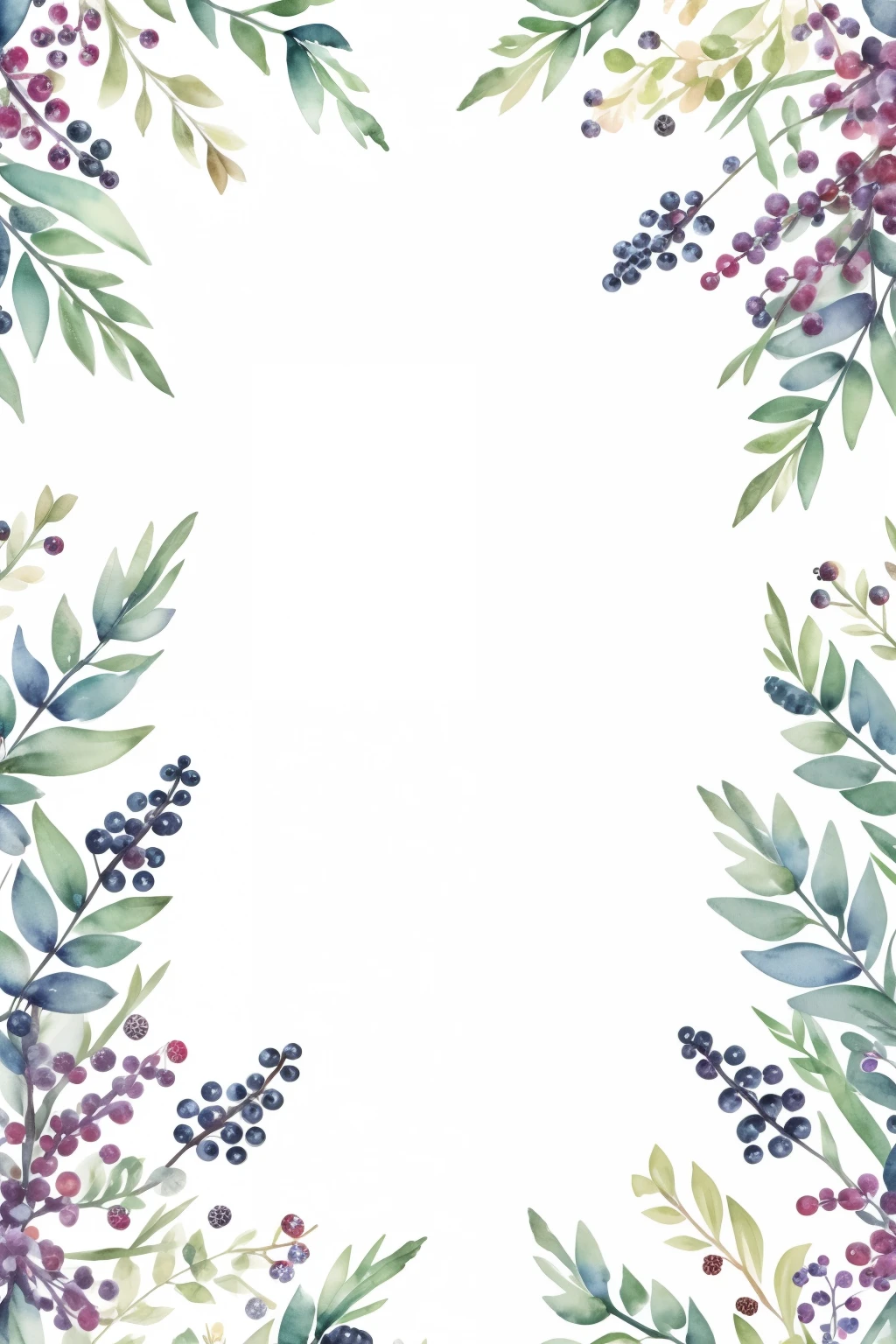 minimalize  watercolor pattern of beautiful flowers, berries, ferns, leaves, white background, calm colors background. Watercolor texture, beautiful flowers, creative, masterpiece, berries, blueberries