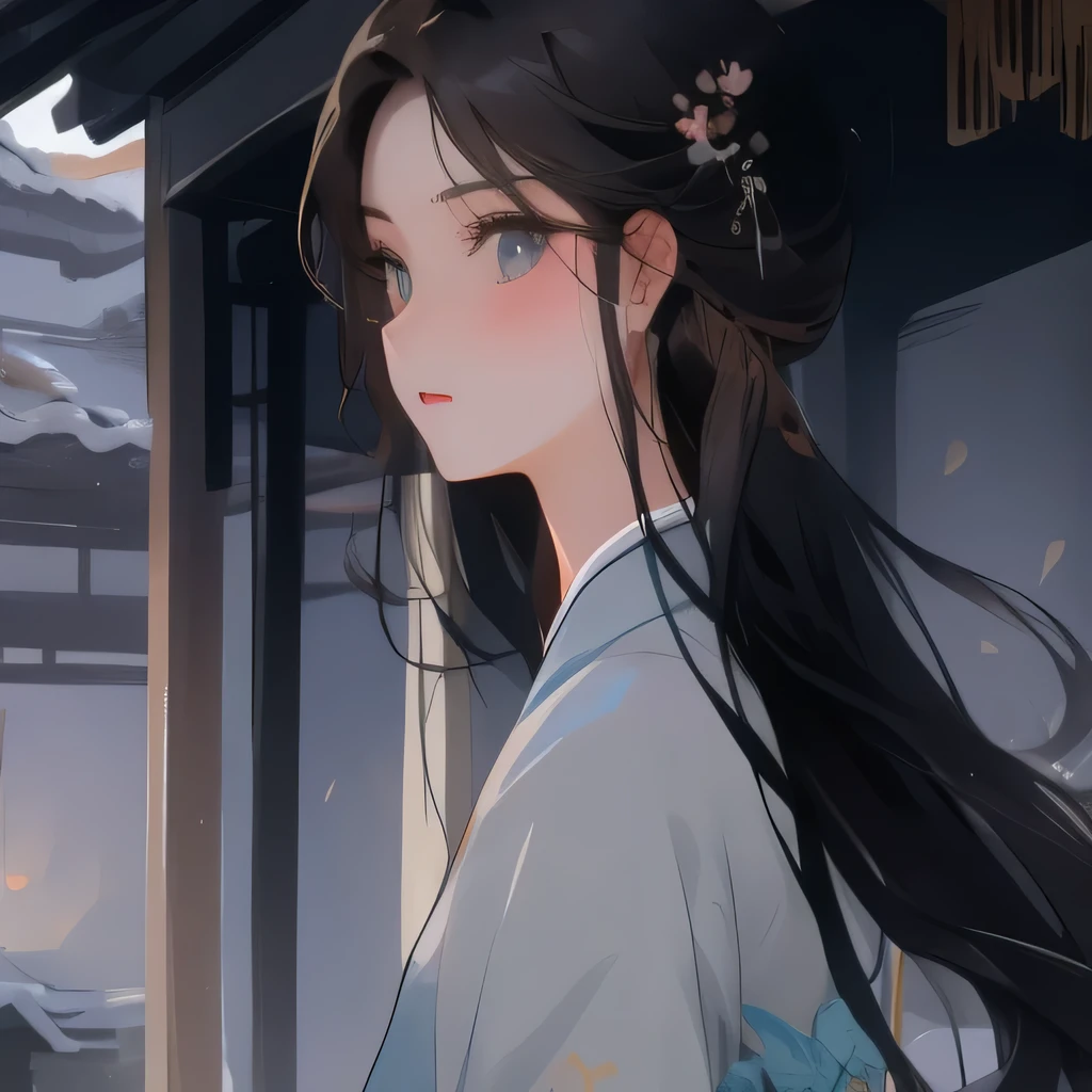 Anime girl with long black hair and blue eyes in a kimono - SeaArt AI