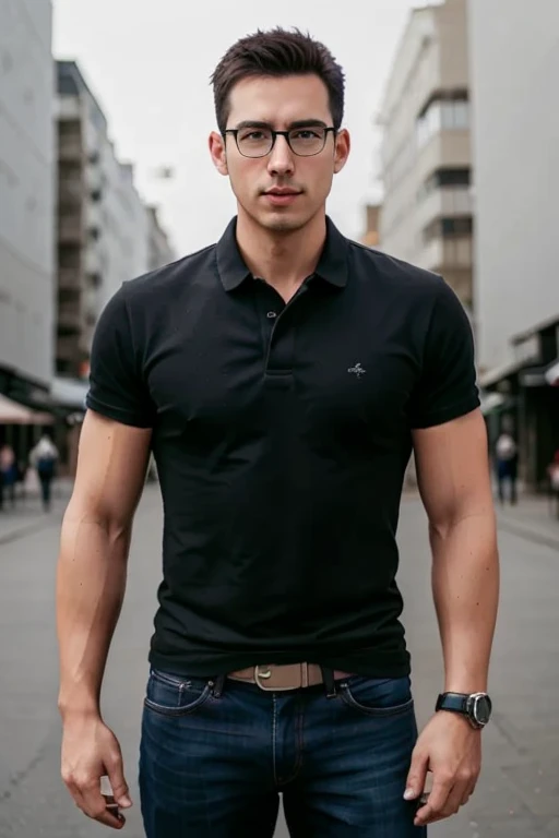 1male,
 masculine, 30 years old., full entire body, walk, Jeans, master-piece, beste-Qualit, Body Parts., full entire body, Shapely, Good looking, 8k UHD, DSLR, grain of film, Fujifilm XThotorealistic Art drawing by midjourney and greg rutkowski, (environment, road, market,)., French,. (eyeglasses, black, Rebranding.),
