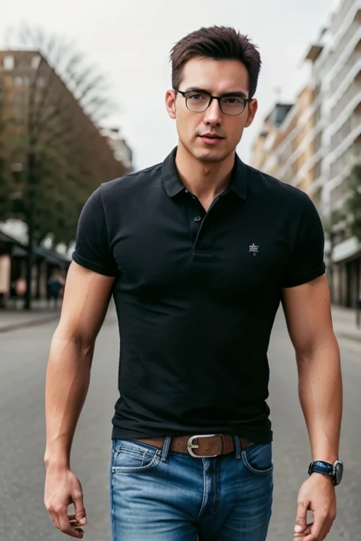 1male,
masculine, 30 years old., full entire body, walk, Jeans, master-piece, beste-Qualit, Body Parts., full entire body, Shapely, Good looking, 8k UHD, DSLR, grain of film, Fujifilm XThotorealistic Art drawing by midjourney and greg rutkowski, (environment, road, market,)., French,. (eyeglasses, black, Rebranding.),