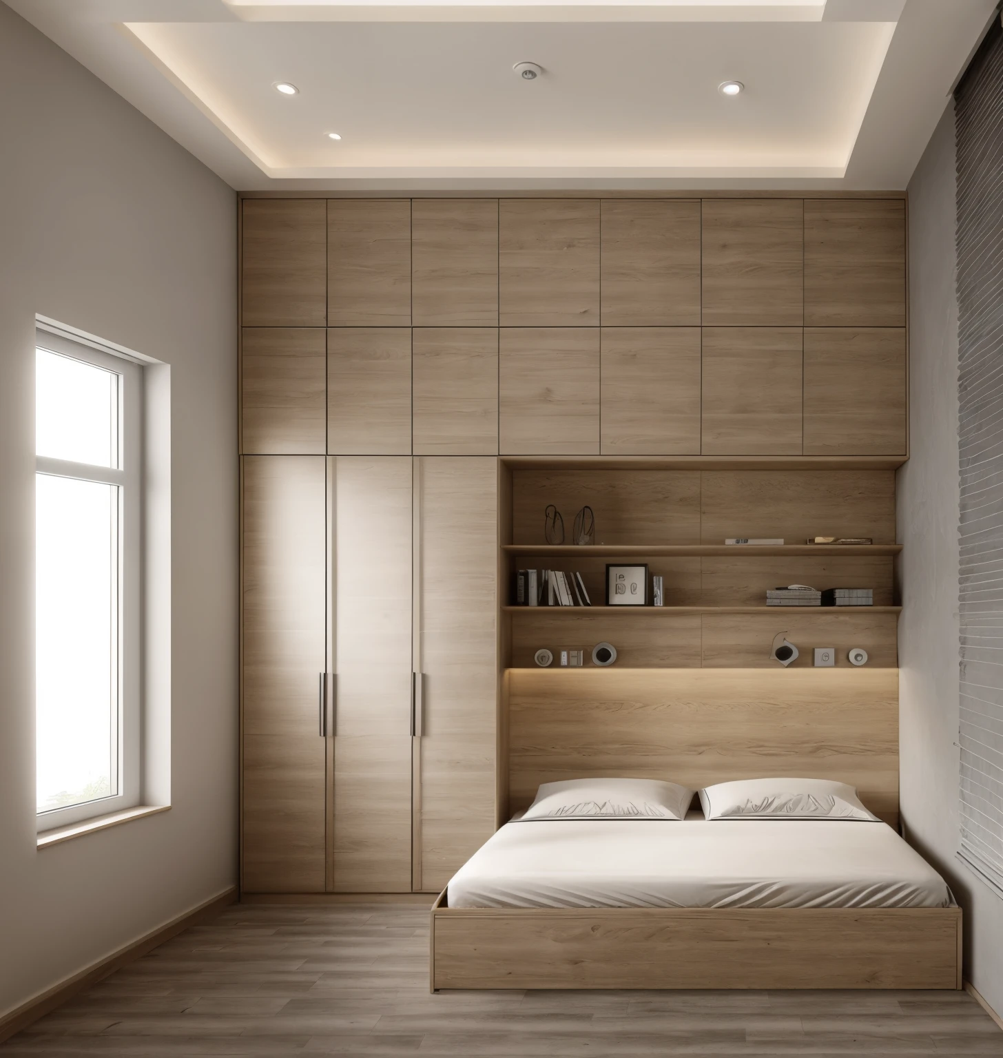 Bedroom, industrial wood furniture in oak color, 1 wardrobe in oak color, shelf on headboard in oak color, 1 bed in oak color, 1 set of glass windows gray color, 1 curtains, flat high marble ceiling with fluorescent lamps, light gray stone glazed tile floor, perfect design, real reflected light, 8k resolution