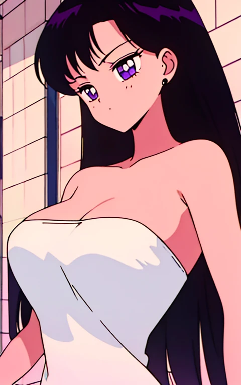a beauty girl、long black hair, purple eyes, Upper body visible、Upper body naked、Stone closed room、bath towels、After taking a bath、In front of a wall, candles, seductive