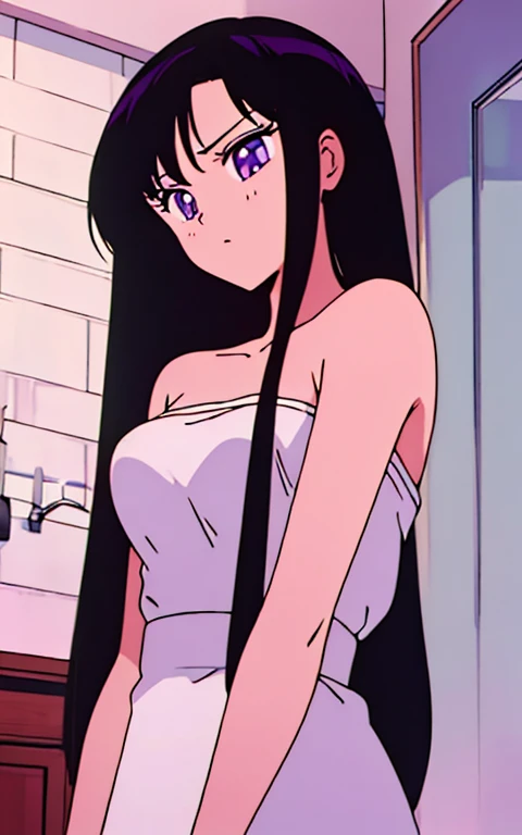 a beauty girl、long black hair, purple eyes, Upper body visible、Upper body naked、Stone closed room、bath towels、After taking a bath、In front of a wall, candles, seductive