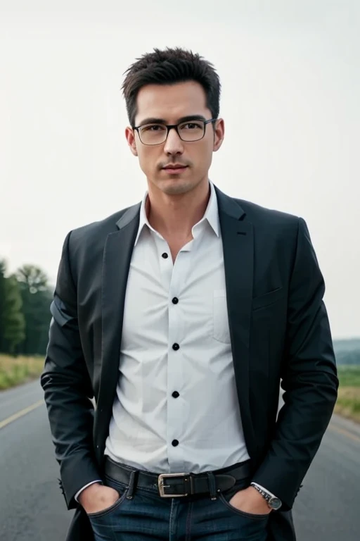 1male,
 masculine, 30 years old., full entire body, walk, (Jeans,formal shirt, Random) master-piece, beste-Qualit, Body Parts., full entire body, Shapely, Good looking, 8k UHD, DSLR, grain of film, Fujifilm XThotorealistic art illustration by midjourney and greg rutkowski, (environment, road, market,)., French,. (eyeglasses, black, Rebranding.),