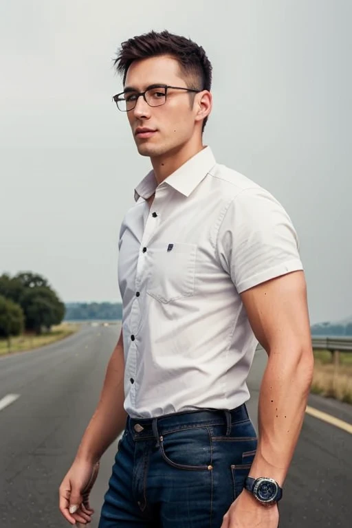 1male,
masculine, 30 years old., full entire body, walk, (Jeans,formal shirt, Random) master-piece, beste-Qualit, Body Parts., full entire body, Shapely, Good looking, 8k UHD, DSLR, grain of film, Fujifilm XThotorealistic art illustration by midjourney and greg rutkowski, (environment, road, market,)., French,. (eyeglasses, black, Rebranding.),