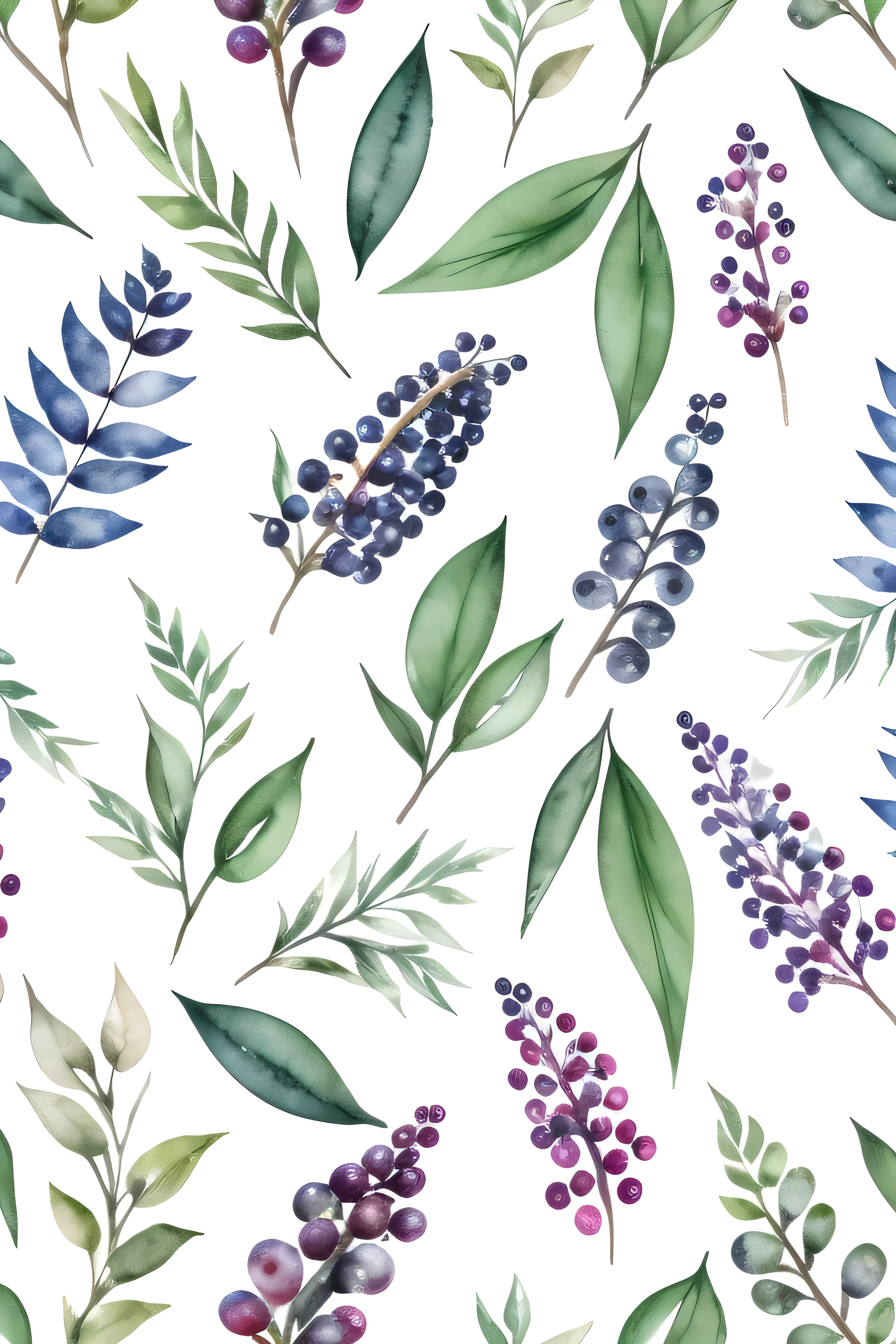 minimalize  watercolor pattern of beautiful flowers, berries, ferns, leaves, white background, calm colors background. Watercolor texture, beautiful flowers, creative, masterpiece, berries, blueberries