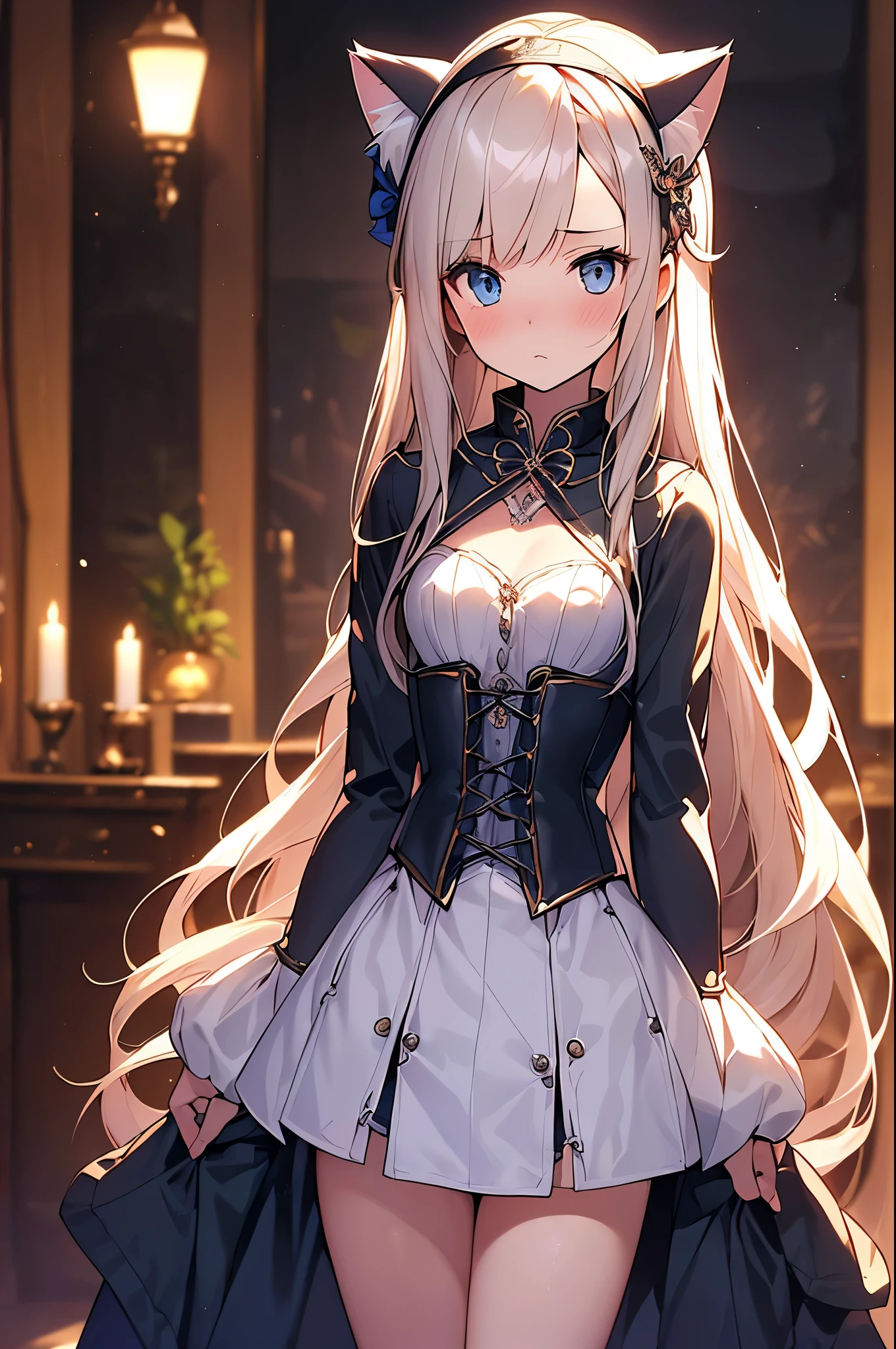 ((4k、8k、top-quality、perfect fingers: 1.3、perfect anatomia: 1.3、Background blur))、(Transformation Sequence)、((a beautiful slender girl、blush confused、cat ear、cute big droopy eyes、Two side up straight long hair、-yeld gismall tits))、((blue butler style leotard:1.1、corsets、long-sleeve、decorative headband))、(highleg)、Standing、Full body display、House of the nobility、