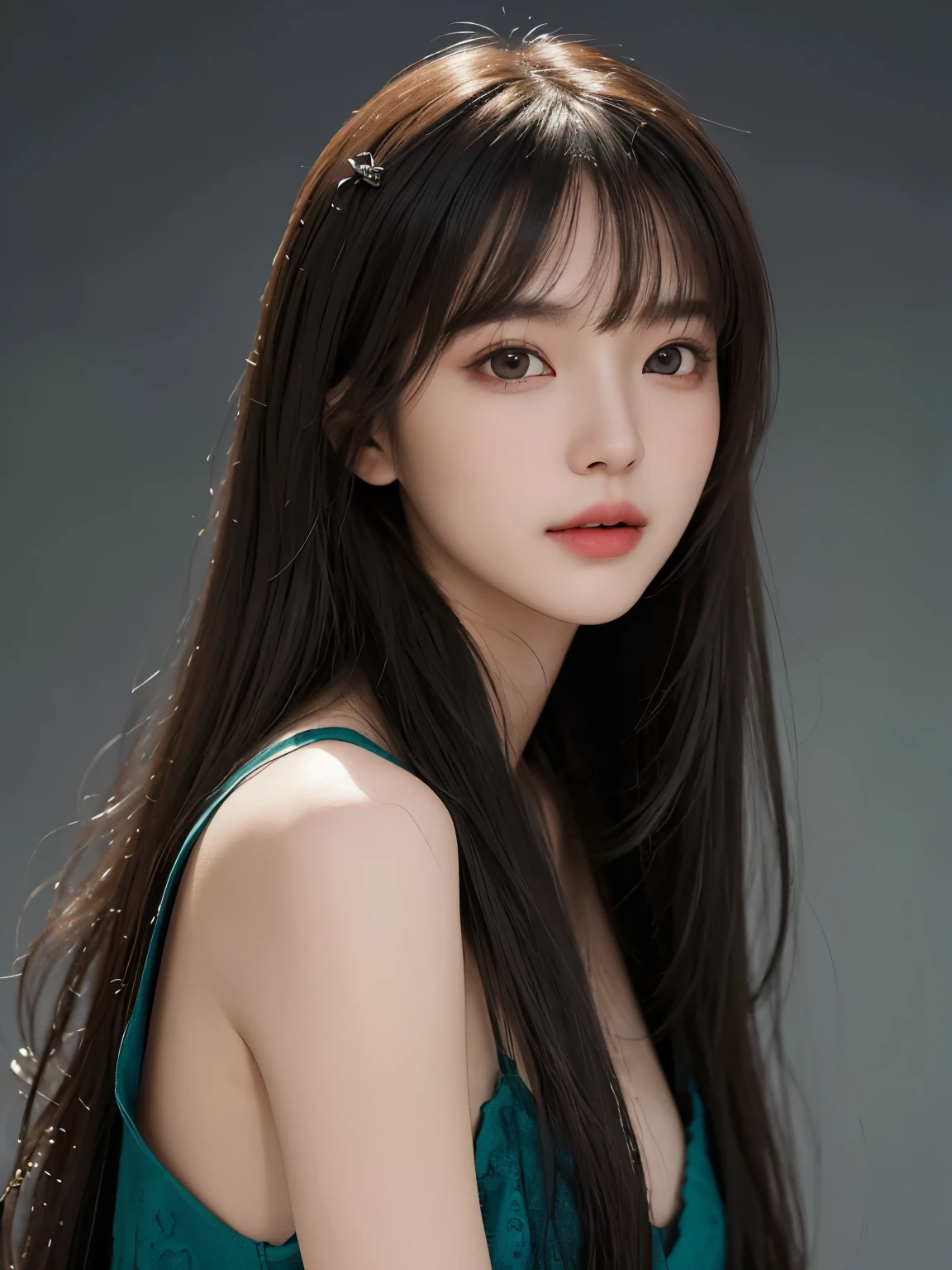 Masterpiece, highest quality, beauty, Japanese, popular Korean makeup, fine, detailed eyes, fine skin, beautiful skin, super high resolution, (reality 1.4), very beautiful, slightly young face, beautiful skin, slender, (super realistic) , (Illustration), (High resolution), (8K), (Very detailed) (Best illustration), (Beautiful and detailed eyes), (Super detailed), (Wallpaper), (Detailed face), Viewer's perspective, Fine detail, detailed face, pureerosfaceace_v1, smile, direct view, direct view, angle from the waist up, realistic photo, bright lighting, professional lighting, black hair (some green), long hair, dark ruins, big red moon, gorgeous red and black dress,  woman, stylish long bangs,