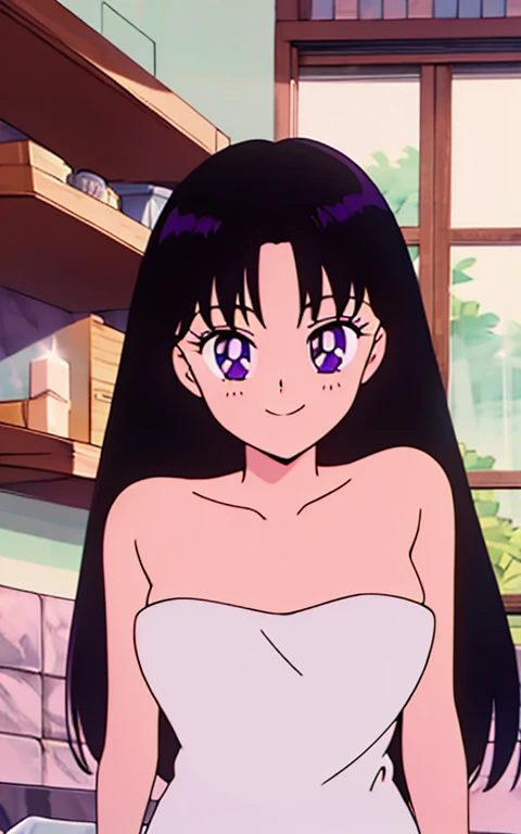 a beauty girl、long black hair, purple eyes, Upper body visible、Upper body naked、Stone closed room、bath towels、After taking a bath、In front of a wall, candles on the shelves, seductive, smile,