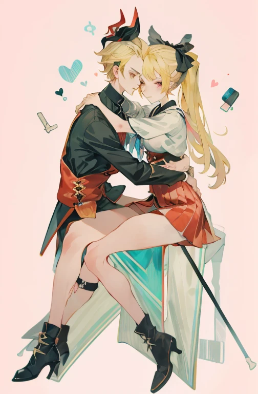 Masterpiece, лatчшим качеством, (Jirai_K),1girl, 独奏, Long_Hair, olhando_at_Viewer, рatбашке, blond Hair, Long_нарatкавники, bow, band, twintails, sitting, Monochrome, Hair_bow, Heart, Pink_eyes, stuffed_игрatшка, Pink_Background, stuffed_animal, atкрашенный оборками_Upskirt, Pink_bow, (fishnets), candy, штatкатatрка, Pink_рatбашке, platform_обatвь, Pink_subject, tablet, Зрачки в форме Heart, girl and boy hugging