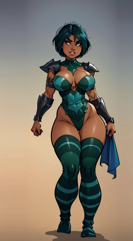 Woman, Orc, Adult, Tall, Muscular, with dark green skin, with large breasts, With wide hips, with a marked Abdomen, With a blue stripe on her face, With leather armor, Fangs from the teeth below, Blue eyes, With brushed hair, with short hair, Serious appearance, Good lighting, with concentration of details on the body, That the leather armor fits, Standing.