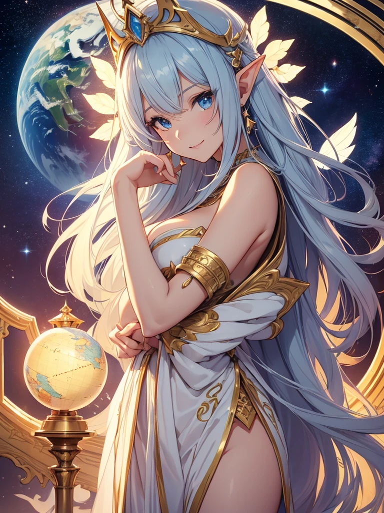 top-quality、Top image quality、​masterpiece、Super beautiful elf beauty((24 year old、Best Bust、big bast、Bust 90,beautiful blue long ironed hair、a blond、globe、A sexy、A slender、a closeup、Esbian、beautiful tiara、hiquality、Beautiful Art、Background with((starrysky)))masutepiece、visualart、depth of fields、low angle of morning sky、、Elven ears、、light magic、Space Knight、harp melody🎵、Happy smile、Gentle light、、Beautiful legs that are gentle on the skin、、、Number of fingers to achieve precise finger movements、ticker beautiful decorative underwear、elegent、Mystical　Rosa、　Heaven、Marble pillars, beautiful dressy、magnificent marble dome、巨大なglobe、religious painting、Hug the earth、Temple of Time、Great watch、hour glass、sundial、moment of creation！myth、alphonse mucha art