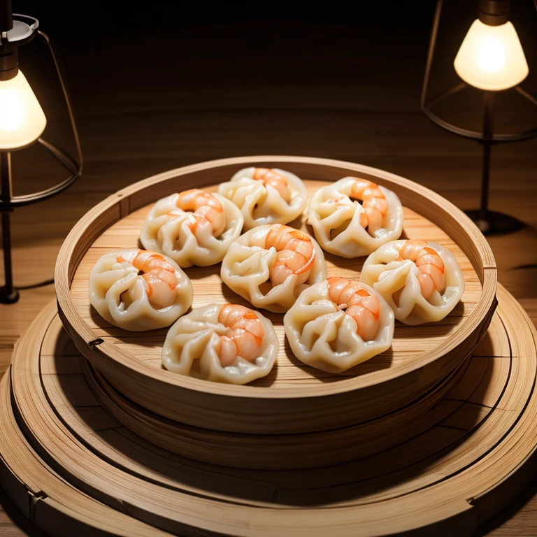 Super quality, 8K, RAW photos, actual, Steamed shrimp dumplings on round table, profesional lighting