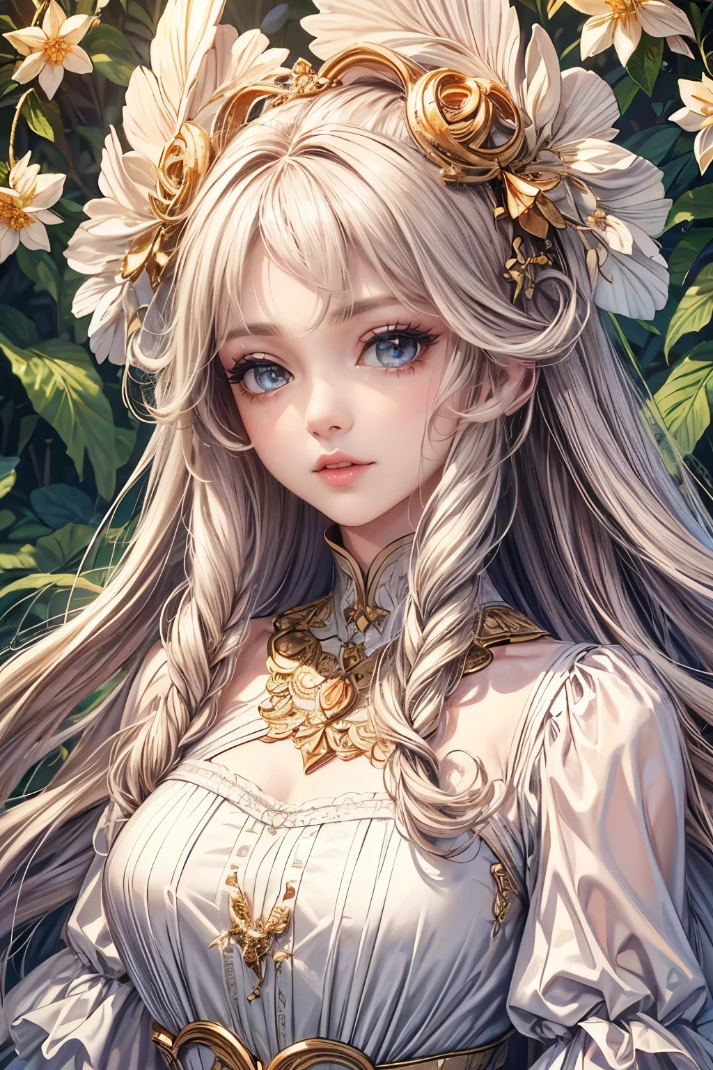 (best quality,8K,CG),detailed upper body,solitary girl,floral forest background,complex facial features,elegant long curly hair,almond-shaped big eyes,detailed eye makeup,long eyelashes,twinkling stars,exquisite lip details,soft and harmonious style.