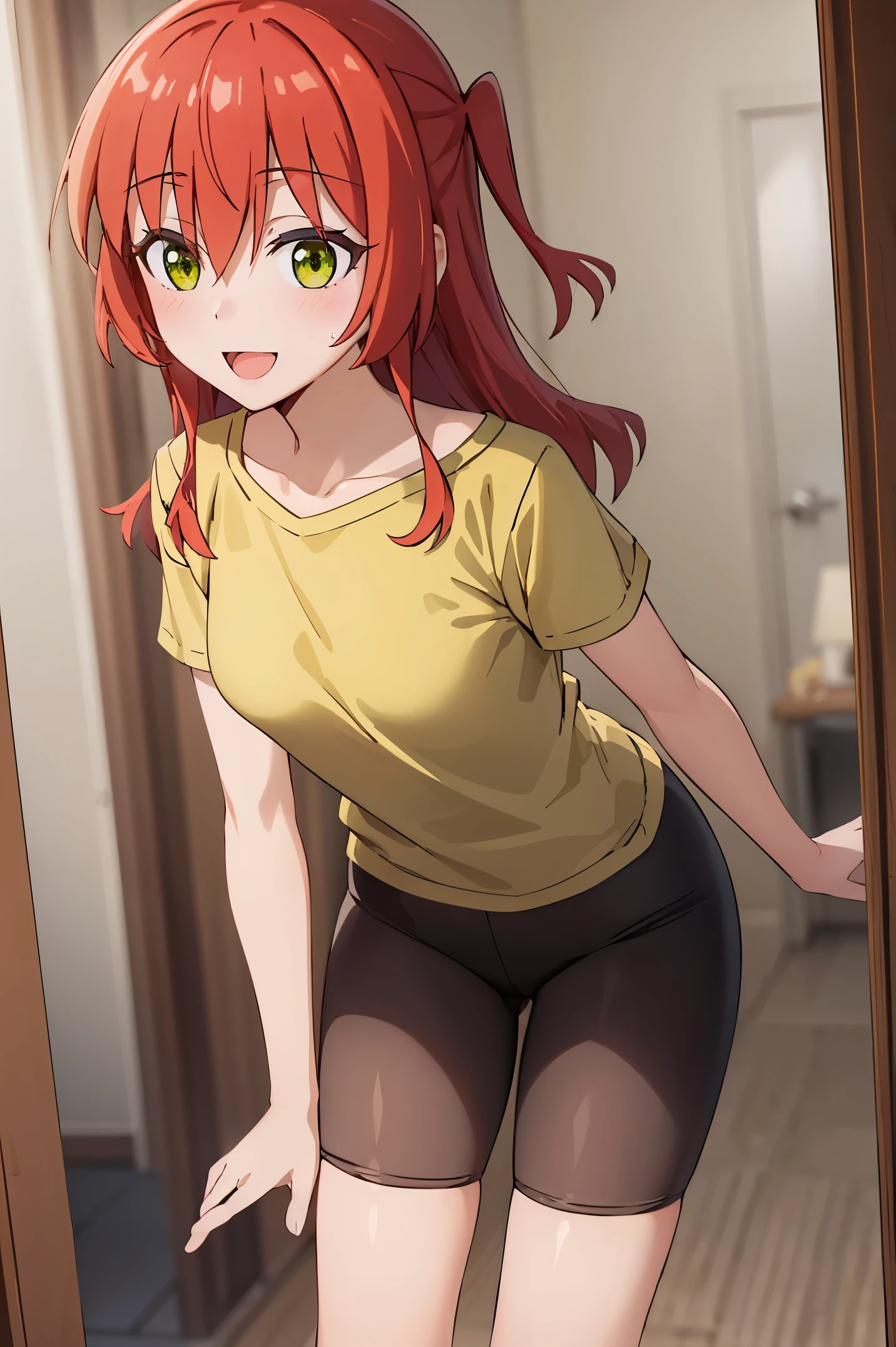 Room, 1 girl, best quality, ultra high res, long hair, red hair, green eyes, looking at viewers, small breast, standing, pov, slim body, body, small body, smile, open mouth, yellow shirt, short sleeves, bike shorts,