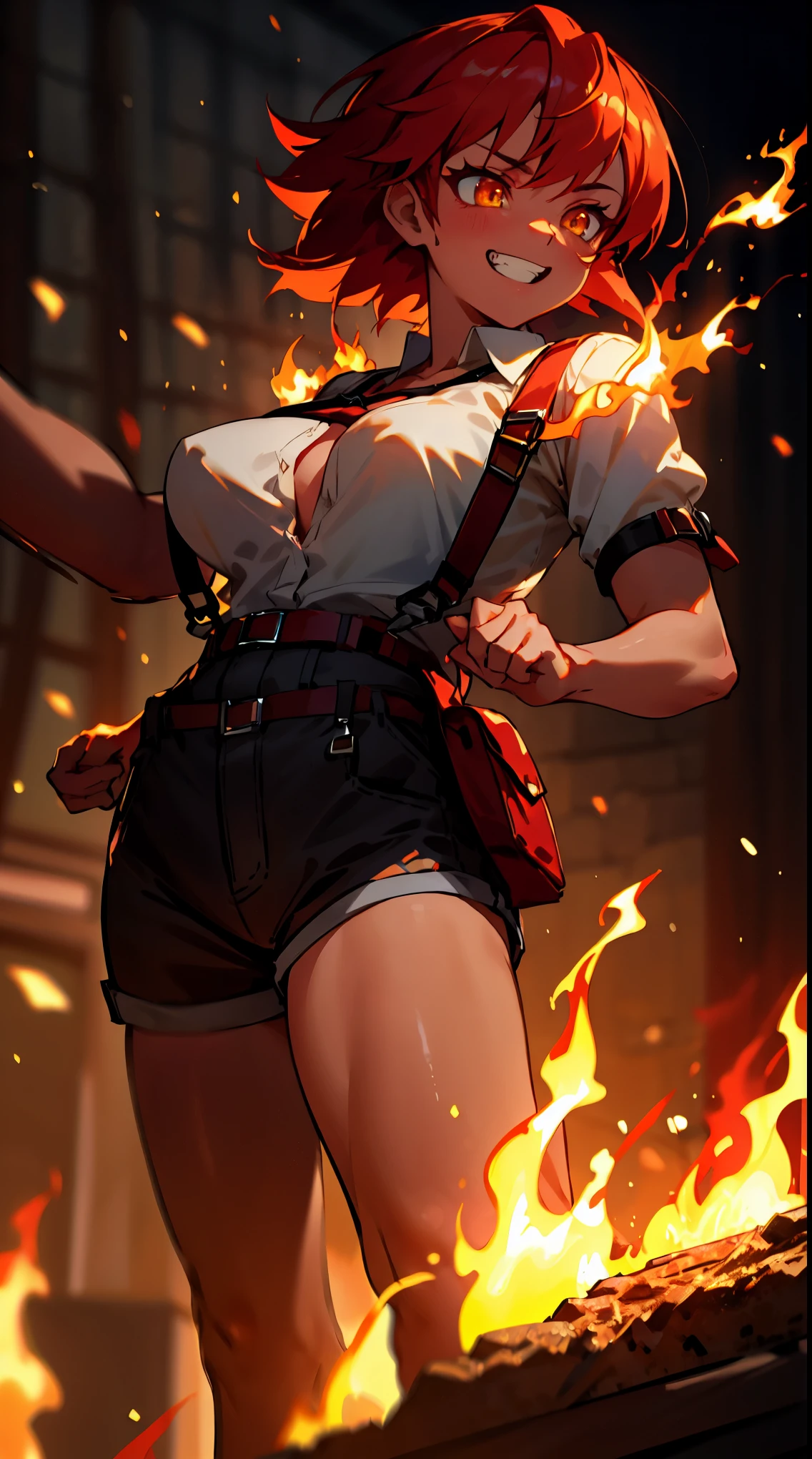 ((masterpiece)), best quality, 8k, high quality, high resolution, super detailed, ultra detailed, photorealistic, fiery and finely detailed face and eyes, ultra detailed and detailed skin texture, fiery eyes, perfect face, 1 girl, blazing red short hair, (fiery attire), flaming yellow eyes, athletic, muscular, Medium breasts, white shirt, collared shirt, (chest harness, shoulder strap:1.15) , (infernal aura), standing before a roaring bonfire, passionate expression, ((burning grin)), twilight, fiery landscape, crackling flames, intense atmosphere, (crackling embers), (dancing flames), since primordial times, Ignia, fiery eyes, background of blazing inferno.