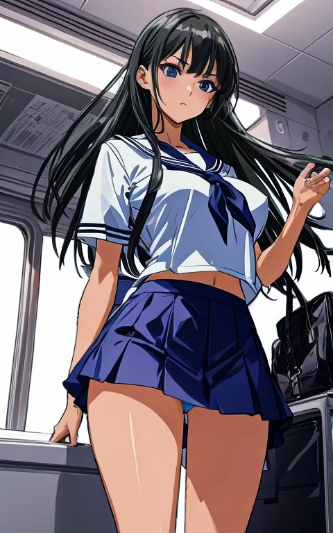 A beautiful woman with long black hair, , beautiful legs, and a sharp face is wearing a sailor suit with a white miniskirt, boldly showing light blue and blue panties, aning proudly glaring at a middle-aged office worker on the train.。