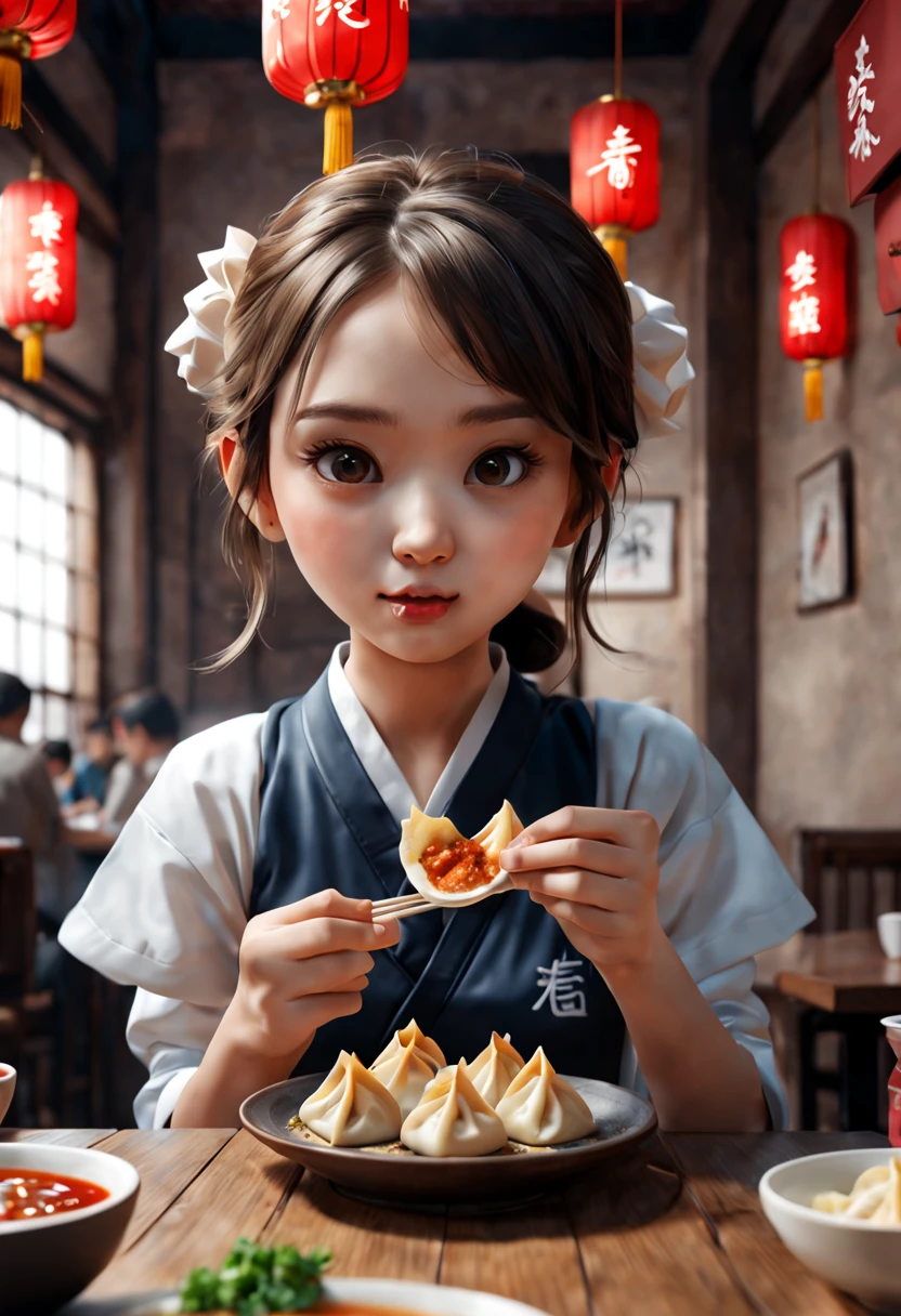 a cute girl eating Chinese wontons, Gyoza, jiaozi, Dumplings, octane render, enhance, intricate, (masterpiece, Representative work, official art, Professional, unity 8k wallpaper:1.3)