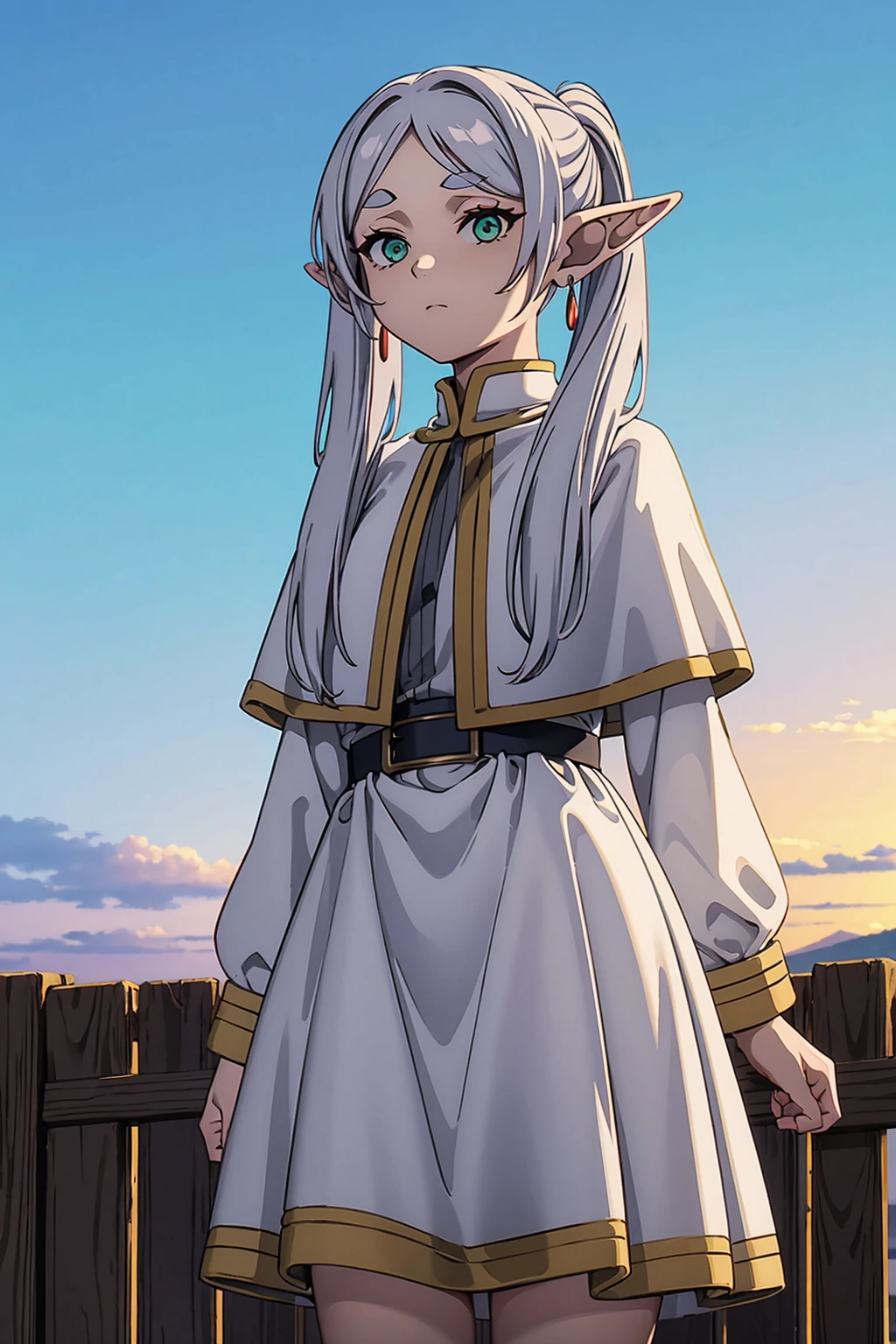 masterpiece, ultra high quality, high defition, high detail, 4K, 8K, 1girl, elf, expressionless, grey hair, earrings, pointy ears, long hair, ponytail, green eyes, twintails, parted bangs, thick eyebrows, collared capelet, white capelet, striped shirt, long sleeves, white skirt, red staff, BREAK, dawn, behind of wooden fence, cliff, body illuminated by the dawn light, sky, outdoor, BREAK, full body, from below, animated painting, look at viewer, 18yo