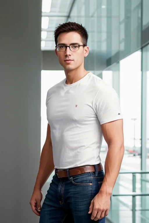 1male,
masculine, 30 years old., full entire body, walk, (Jeans,Official shirt, coop) master-piece, beste-Qualit, Body Parts., full entire body, Shapely, Good looking, 8k UHD, DSLR, grain of film, Fujifilm XThotoreistic realistic art illustration by midjourney and greg rutkowski.., (environment,Inside the passenger building,airport). (eyeglasses, black, Rebranding.),