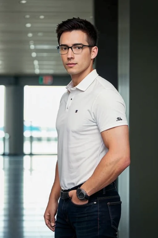 1male,
masculine, 30 years old., full entire body, walk, (Jeans,Official shirt, coop) master-piece, beste-Qualit, Body Parts., full entire body, Shapely, Good looking, 8k UHD, DSLR, grain of film, Fujifilm XThotoreistic realistic art illustration by midjourney and greg rutkowski.., (environment,Inside the passenger building,airport). (eyeglasses, black, Rebranding.),