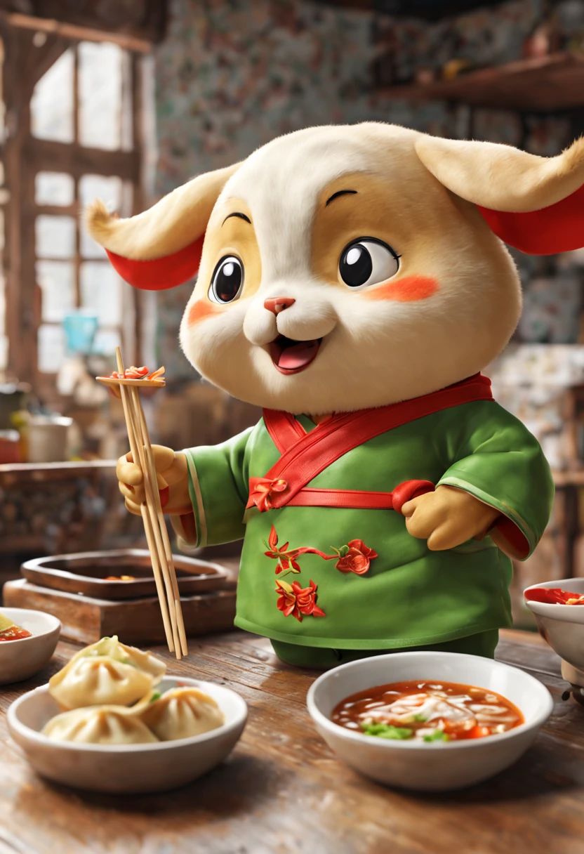 by Richard Scarry, eating Chinese wontons, jiaozi, Dumplings, octane render, enhance, intricate, (masterpiece, Representative work, official art, Professional, unity 8k wallpaper:1.3)