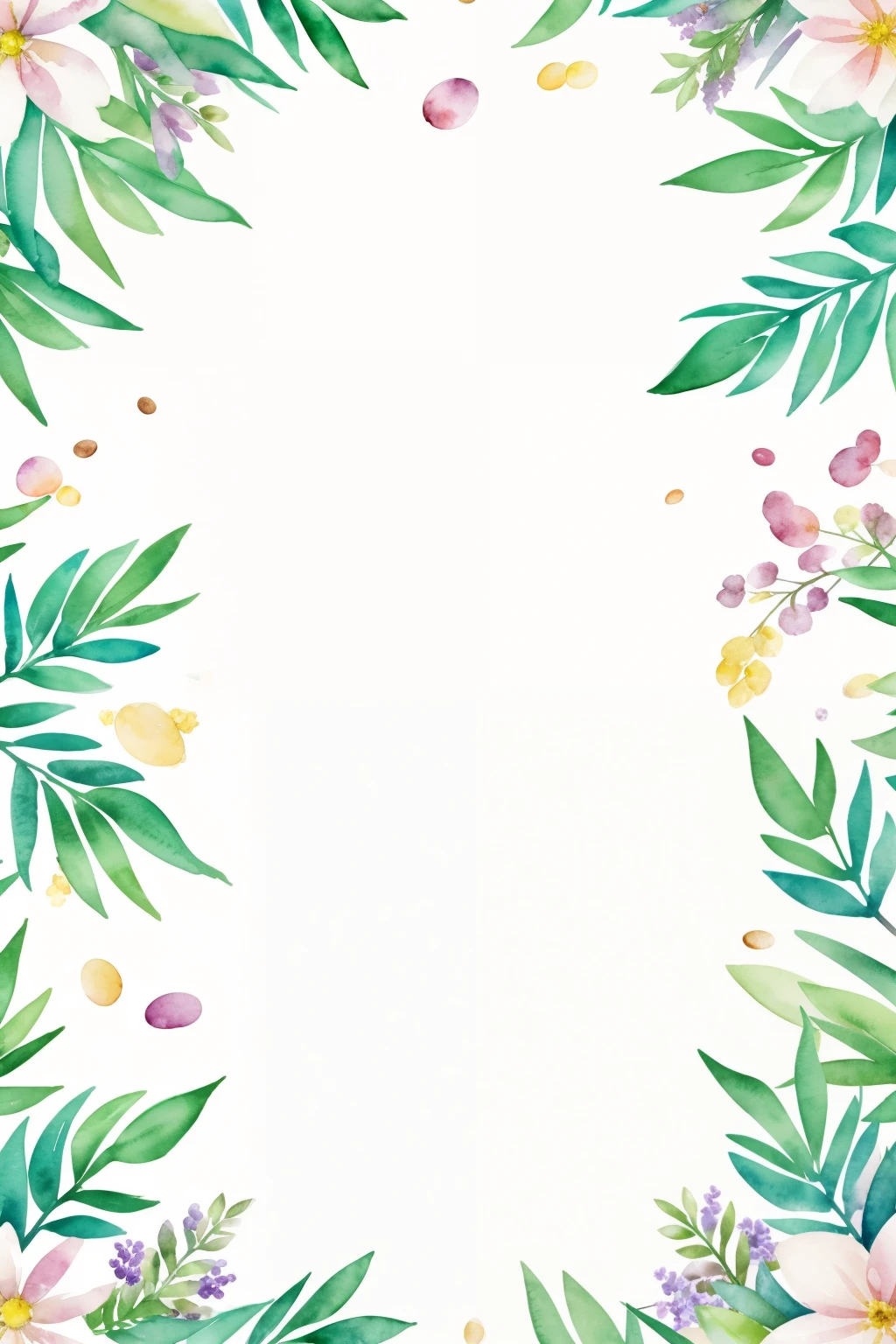 Minimalist watercolor pattern of beautiful flowers, berries, Easter eggs, Easter theme, spring flowers, ferns, leaves, white background, calm colors background. Watercolor texture, beautiful flowers, creative, masterpiece