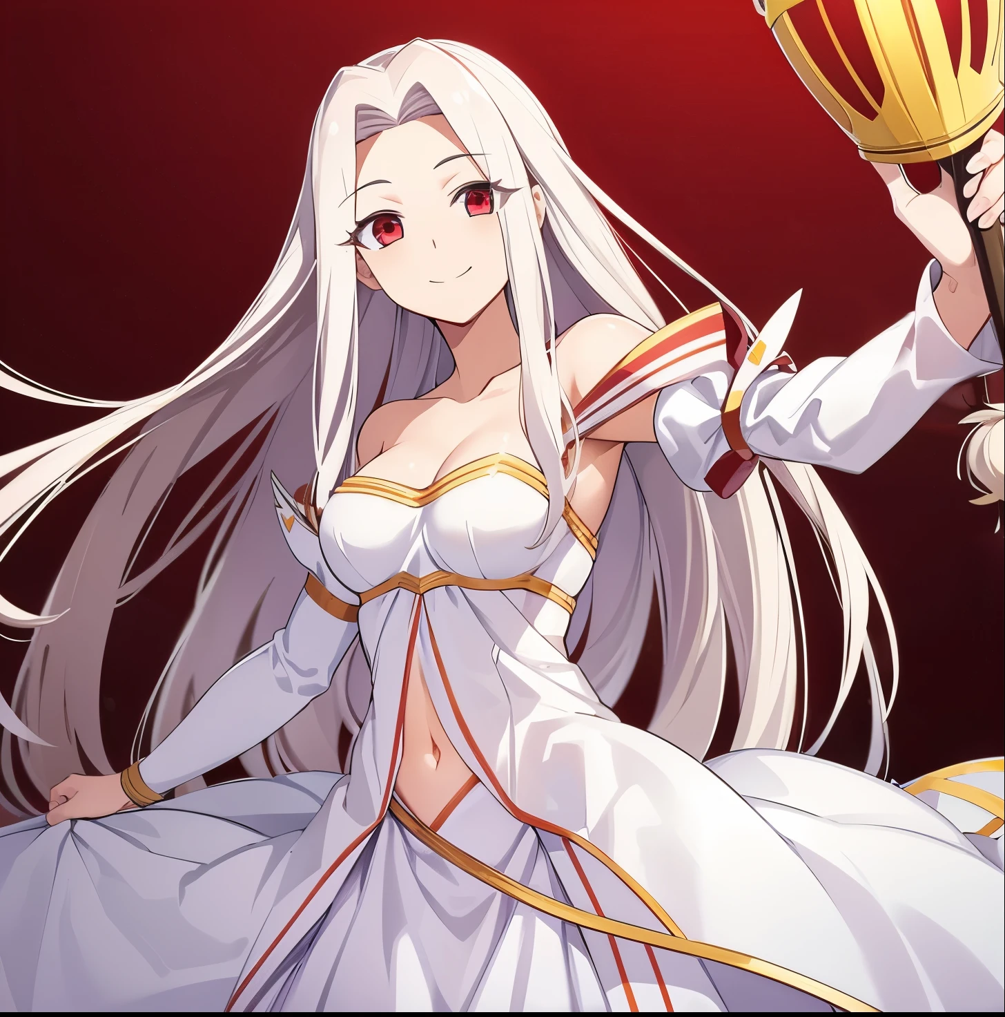 masterpiece, best quality, absurdres, perfect anatomy, 1girl, solo, Irisviel von Einzbern, long hair, IrisvielCaster, white dress, navel, bare shoulders, detached sleeves, crown, stomach tattoo, cowboy shot, standing, smile,milf,adult,red eyes,