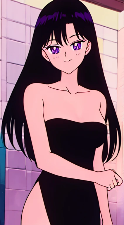 a beauty girl、long black hair, purple eyes, Upper body visible、Upper body naked、Stone closed room、bath towels、After taking a bath、In front of a wall, candles on the shelves, seductive, smile, looking at viewer