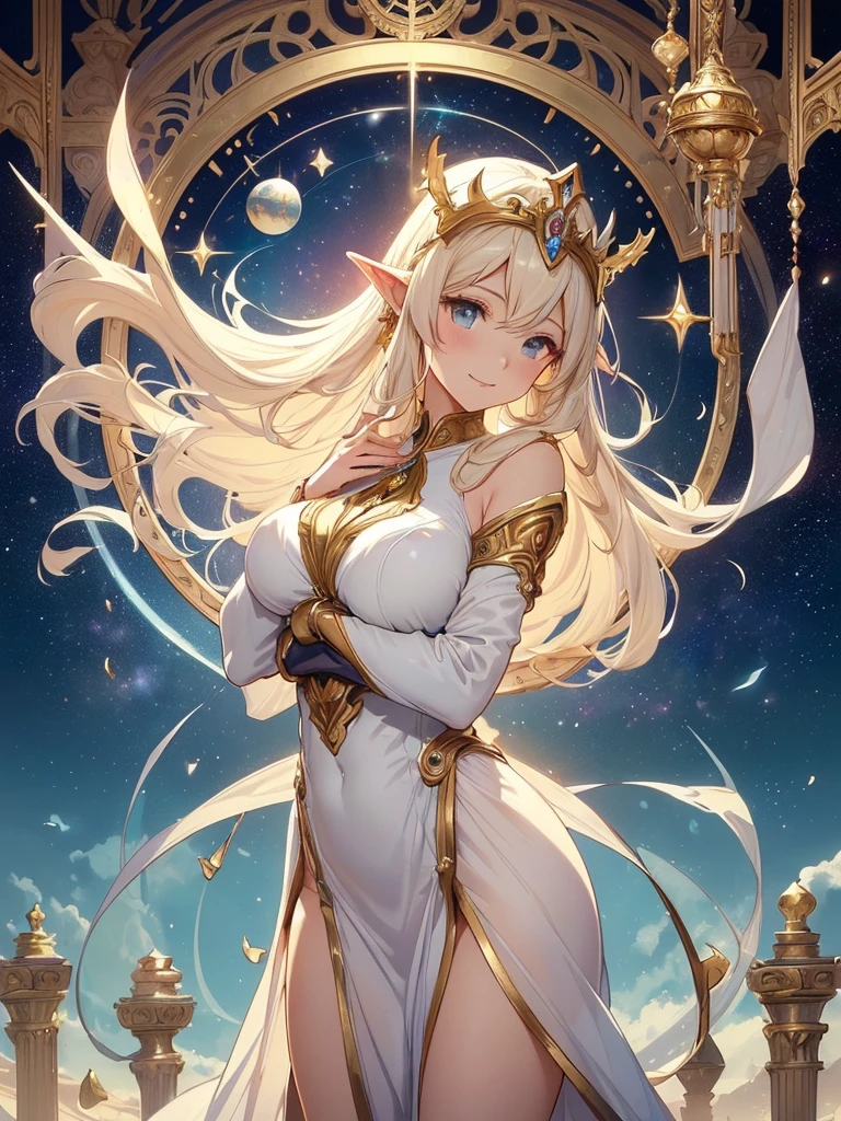 top-quality、Top image quality、​masterpiece、Super beautiful elf beauty((24 year old、fullnude、Best Bust、big bast、Bust 90,beautiful blue long ironed hair、a blond、globe、A sexy、A slender、a closeup、Esbian、beautiful tiara、hiquality、Beautiful Art、Background with((starrysky)))masutepiece、visualart、depth of fields、low angle of morning sky、、Elven ears、、light magic、Space Knight、harp melody🎵、Happy smile、Gentle light、、Beautiful legs that are gentle on the skin、、、Number of fingers to achieve precise finger movements、ticker beautiful decoration、elegent、Mystical　　field under the flower garden、Marble pillars, beautiful dressy、magnificent marble dome、巨大なglobe、religious painting、Hug the earth、Temple of Time、Great watch、hour glass、sundial、nsfw.sexy,