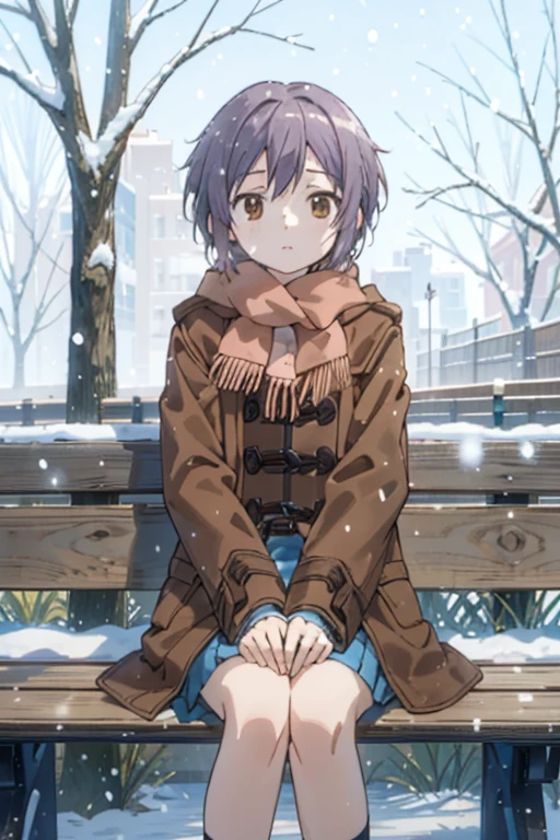 (Masterpiece),(Best Quality), Yuki, brown coat,  a scarf, knees, blank eyes, expressionless face, Park, Waiting, bench, snowing, snowinging, a tree, Nature,