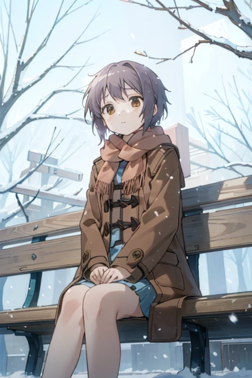 (Masterpiece),(Best Quality), Yuki, brown coat,  a scarf, knees, blank eyes, expressionless face, Park, Waiting, bench, snowing, snowinging, a tree, Nature,