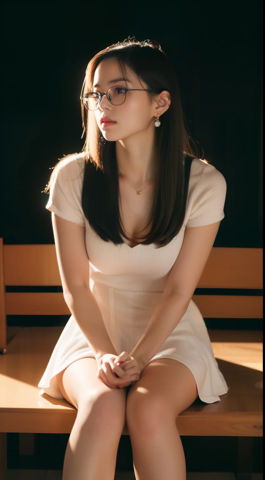 Beautiful young Margaret Qualley, 14 years old, light skin tone, eyeglasses, large ankle earrings, tiny dress, dark high waisted tights, high balance, midnight moon, dark night, total darkness, hyperrealistic, model body , small breasts, beautiful breasts, long hair, straight hair, red-tipped hair, long legs, 8k, 超High resolution, best quality, classroom, Korean school, Portrait RAW, cherry blossom, ambient lighting, detailed shadows, camera focus on thighs, sexy pose, sitting on school chair, holding flashlight legs apart